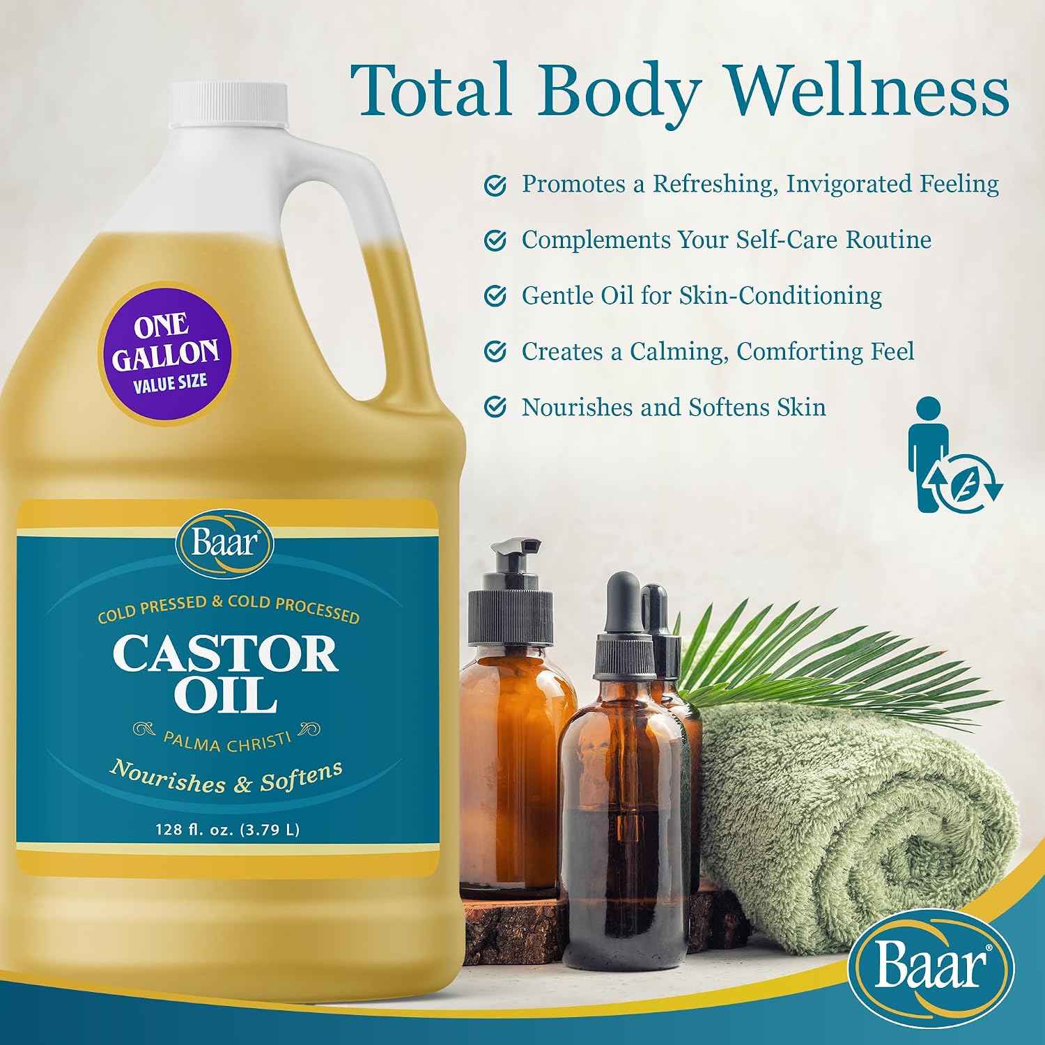 Baar Cold-Pressed Castor Oil, Cold-Processed, Hexane-Free, Palma Christi, for Skin, Hair, Massage & Castor Oil Packs, BPA-Free Bottle, 32 oz | Hexane free, Palma Christi oil, BPA-free bottle, skin, hair and massage applications
