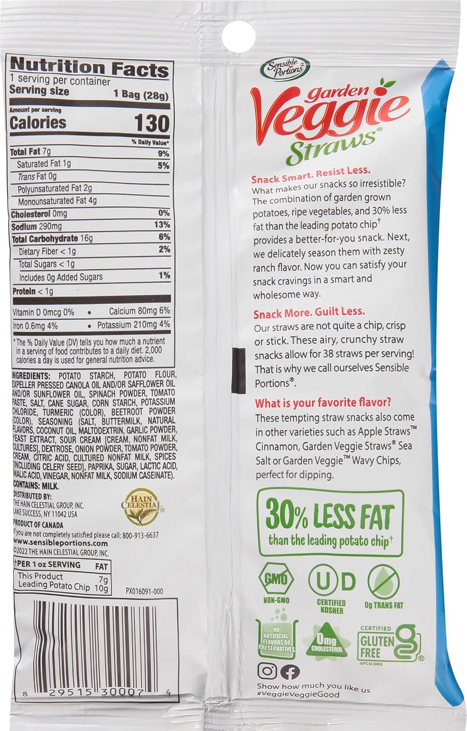 Sensible Portions Garden Veggie Snacks - Veggie Straws, Gluten Free, Snack Size Sea Salt, 1 Oz (Pack of 24)
