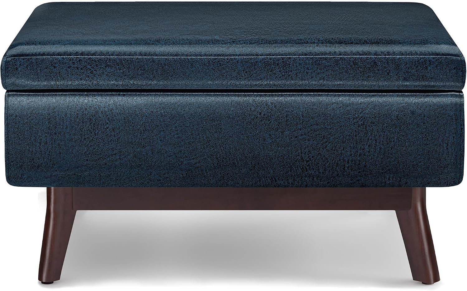 SIMPLIHOME Owen 34" Wide Vegan Leather Lift Top Ottoman in Dark Blue