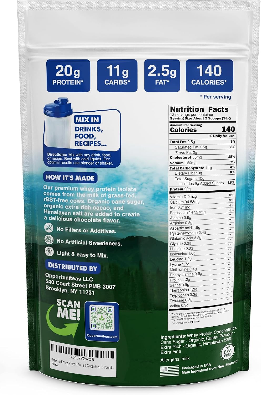 Grass Fed Whey Protein Powder Concentrate - 1 Ingredient - Pure Protein Supplement for Drink, Smoothie, Shake, Cooking & Baking - Non GMO, Hormone Free & Gluten Free - 1 Pound