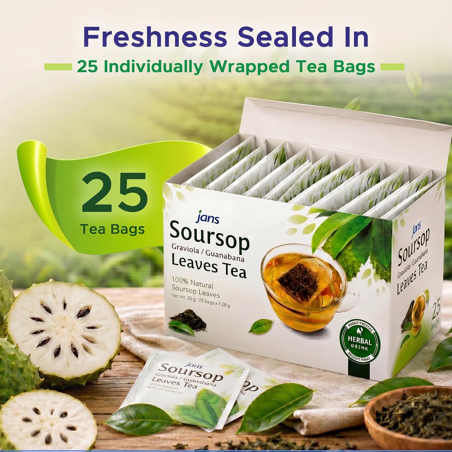 Jans Soursop Tea Bags 25 Count | 100% Natural Soursop Leaves | Caffeine Free Sour Sop Tea | Vegan Herbal Tea | Individually Wrapped Tea Bags | Cholesterol Free Sugar Free Relaxation Beverage