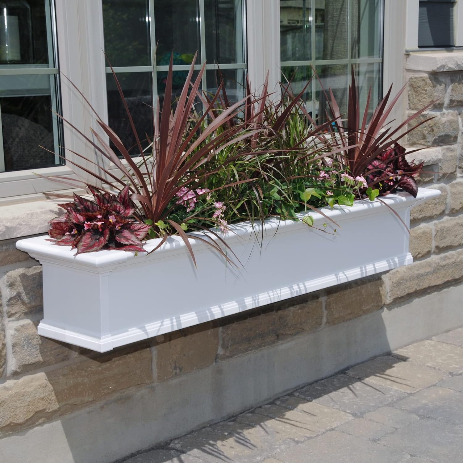 Mayne Yorkshire 60in Self-Watering Rectangular Window Box Planter, White | Self-watering, All season, Fade resistant, Customizable, Mounting brackets included, Built-in overflow, 15-year warranty