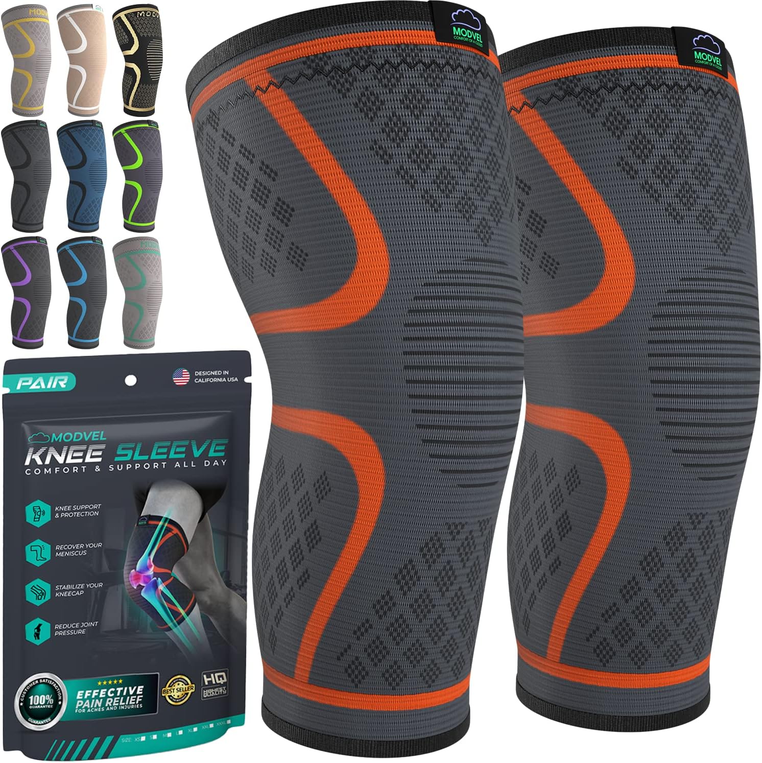 Modvel Compression Knee Brace for Women & Men - 2 Pack Knee Brace for Women Running Knee Pain, Knee Support Compression Sleeve