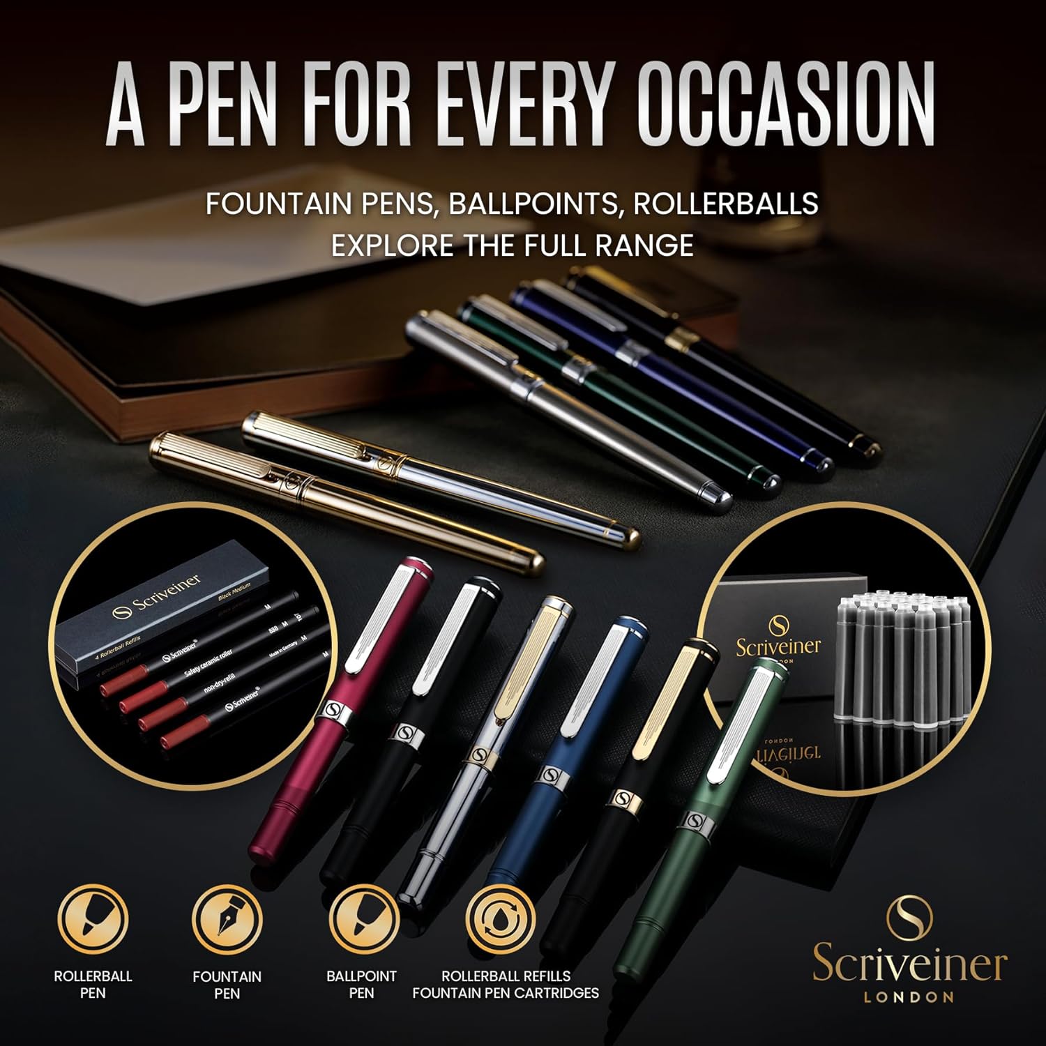 Scriveiner Silver Chrome Fountain Pen - Stunning Luxury Pen, Real Gold Finish Schmidt Gilded Nib (Medium), Best Pen Gift Set for Men & Women