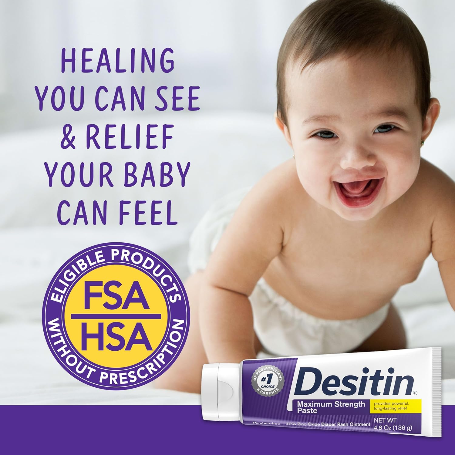 Desitin Maximum Strength Diaper Rash Paste, 40% Zinc Oxide, 4.8 oz | Helps Treat, Relieve & Prevent Diaper Rash, 40% Zinc Oxide, Immediate Relief, Protects up to 12 Hours, Hypoallergenic