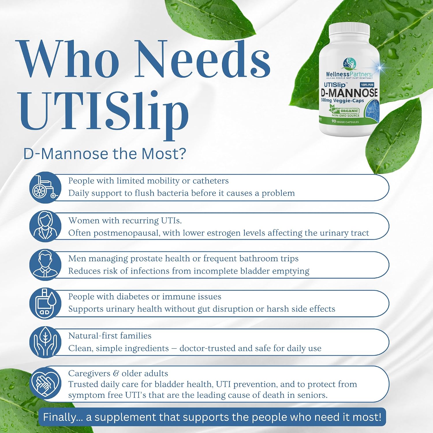 UTI Slip D-Mannose Non GMO Organic Source Veggie Capsules 90 Count (500 Mg)