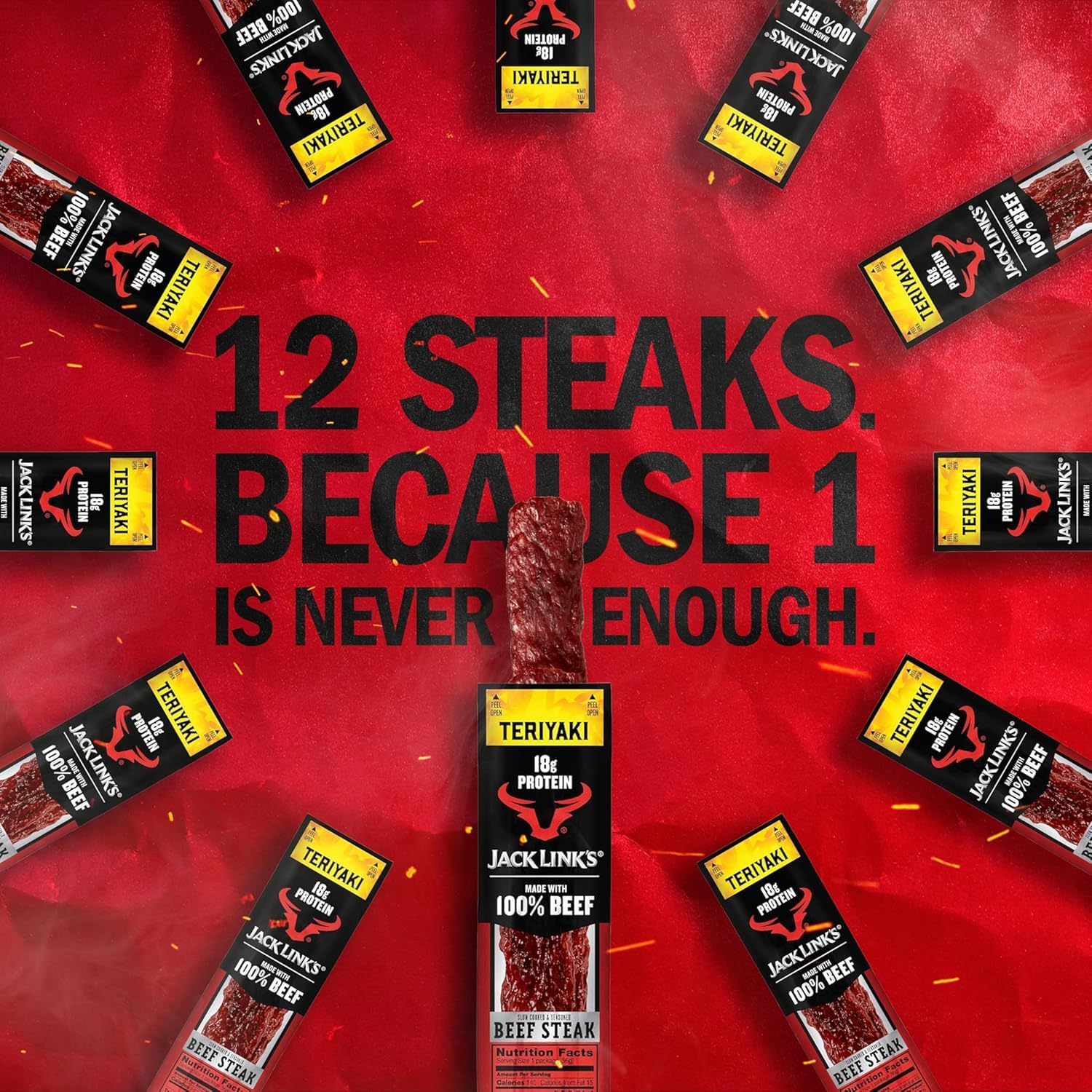 Jack Link's Beef Steak, Original - Protein Snacks, Jerky Meat Snack with 23g of Protein, Made with 100% Beef, Individually Wrapped Bulk Snack Pack, Keto Friendly - 2 Oz. (12 Count)
