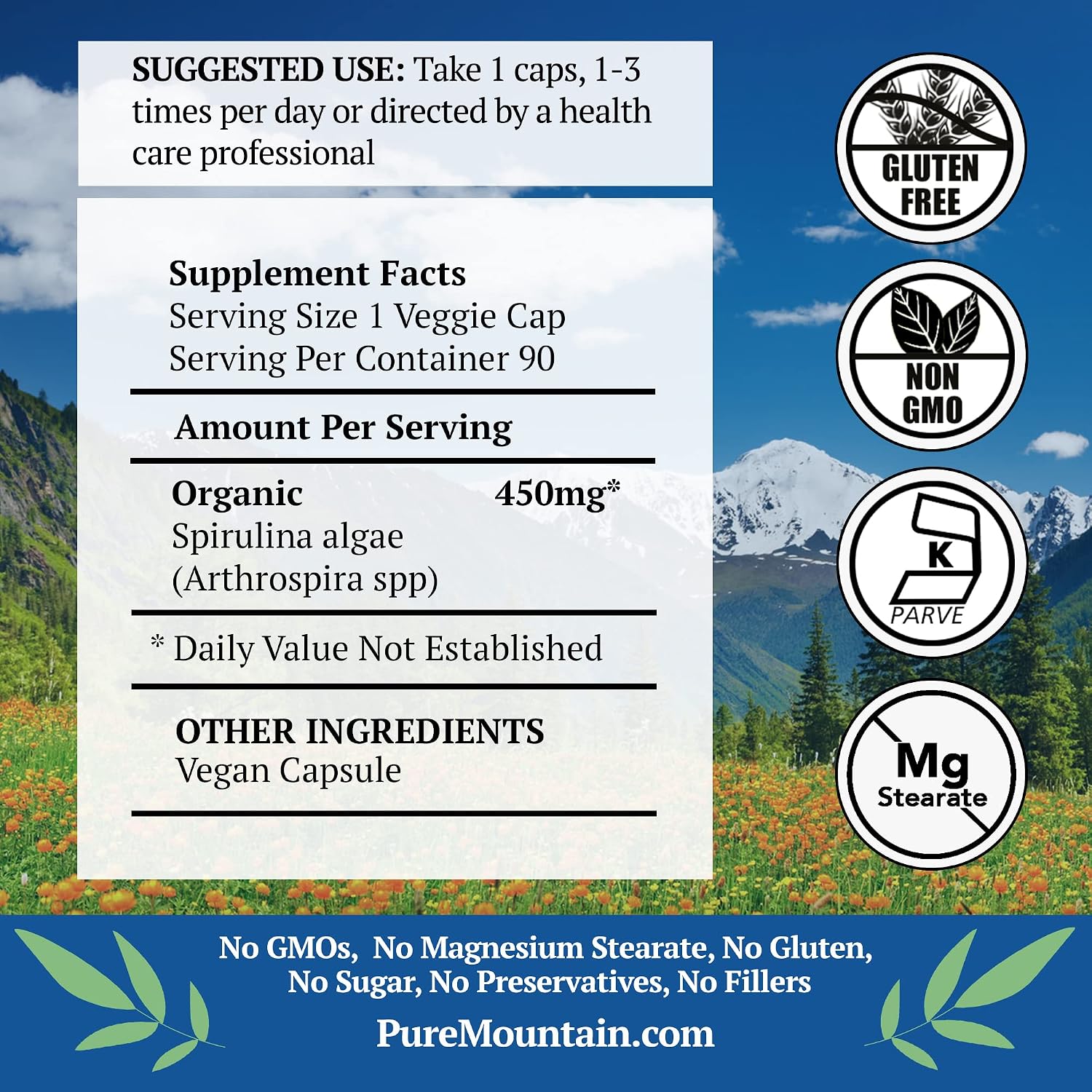 Pure Mountain Botanicals Spirulina Capsules 90 Count - 450mg Organic Spirulina - Kosher Vegan Non-GMO - Superfood Supplement - Espirulina