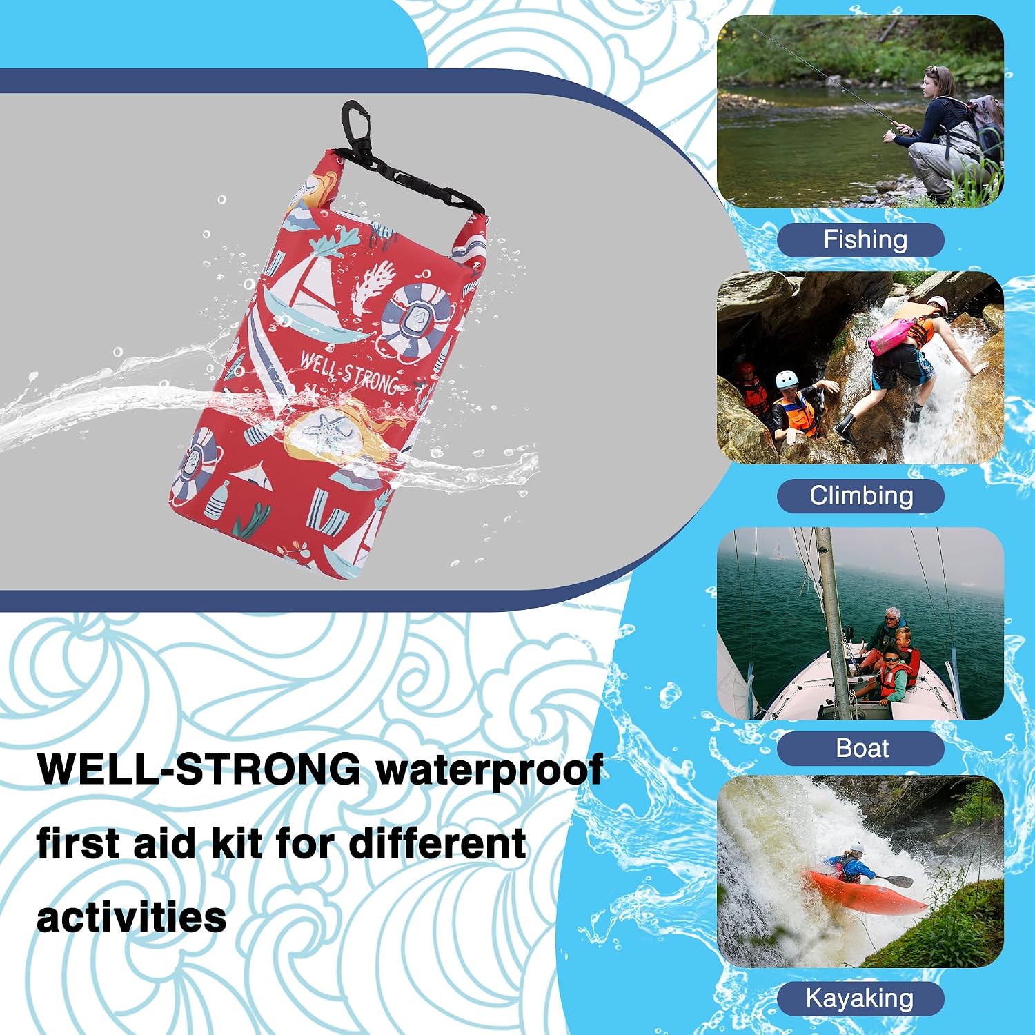 Waterproof First Aid Kit Roll Top Boat Emergency Kit with Waterproof Contents for Fishing Kayaking Boating Swimming Camping Rafting Beach Red