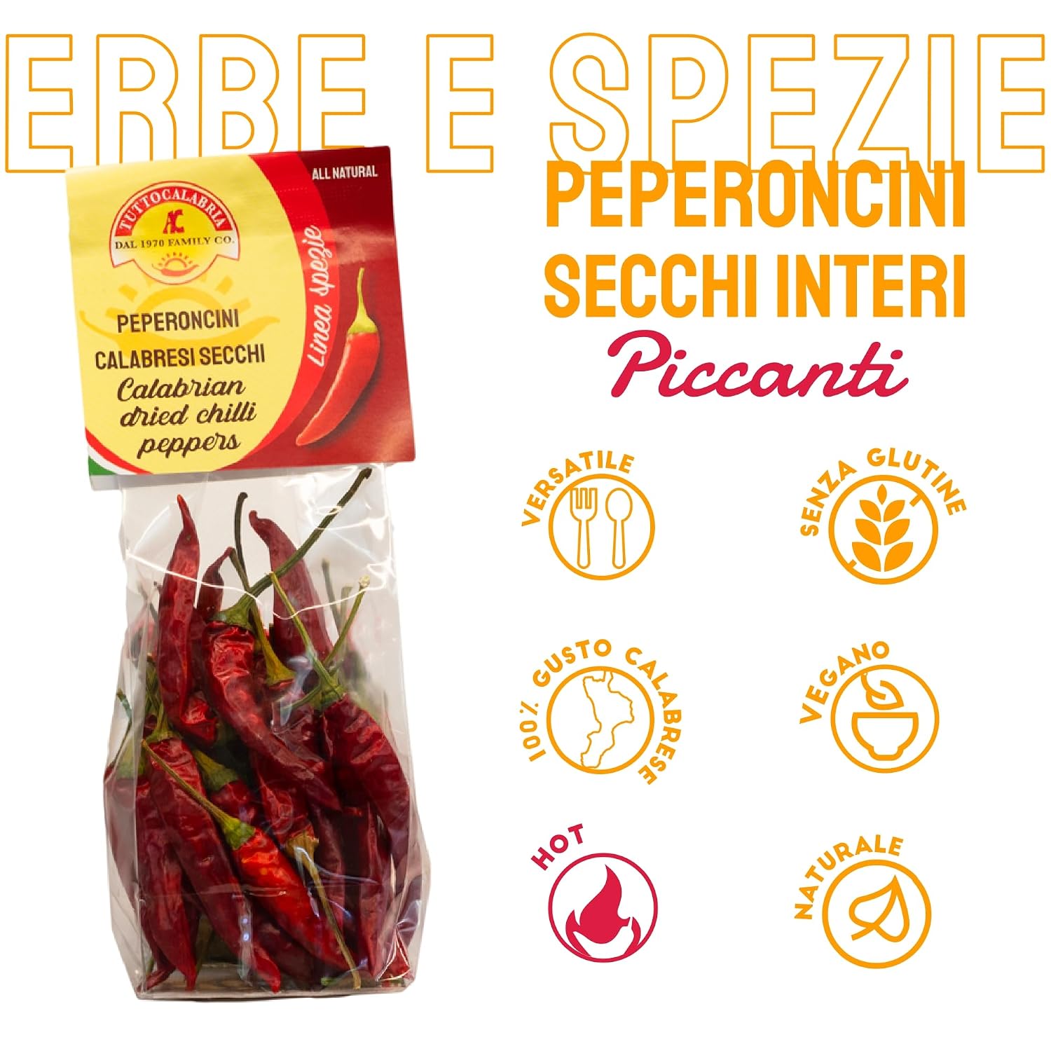 TUTTOCALABRIA Dried Whole Calabrian Chili Peppers, Dry Pepper on Stem, 20 g