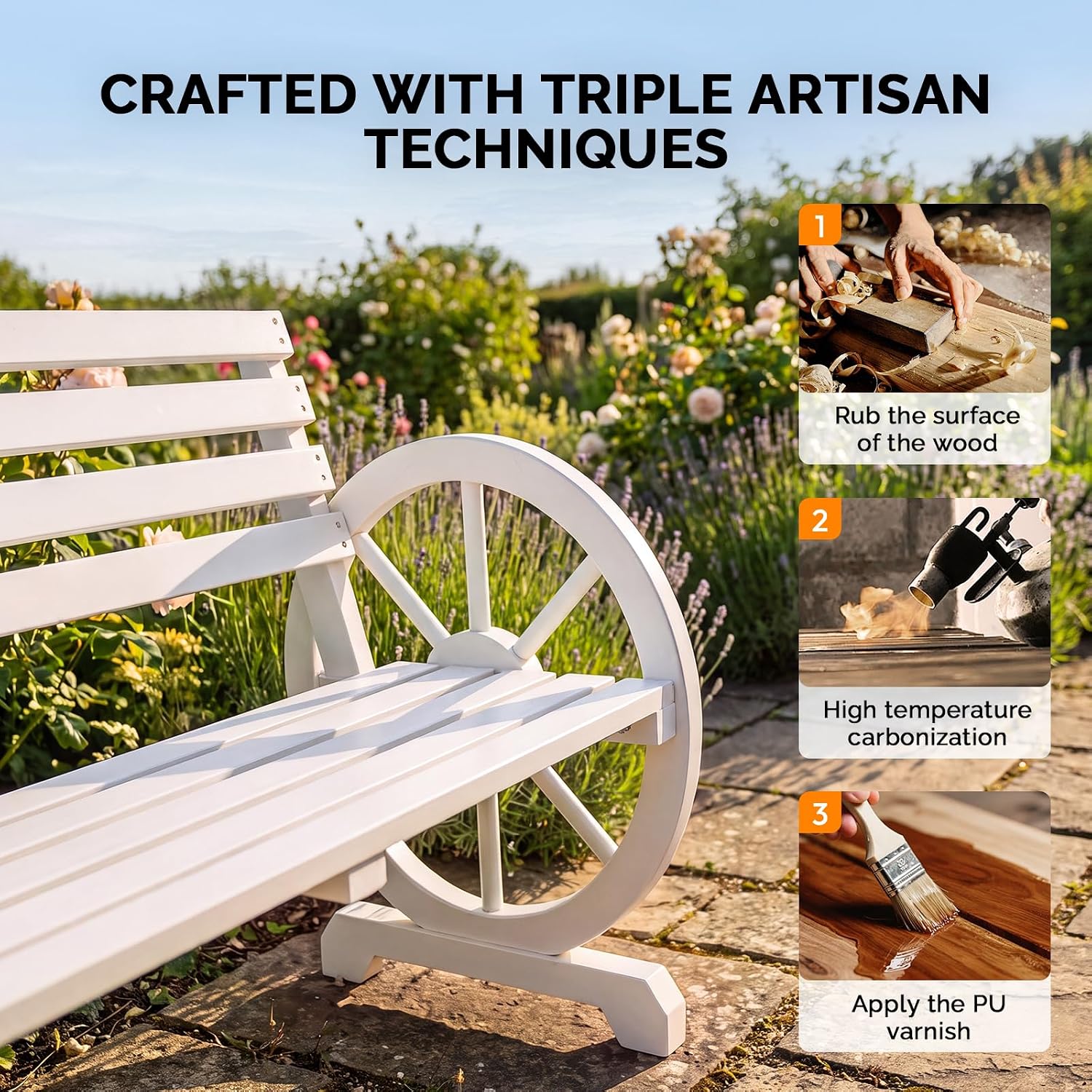 VINGLI Rustic Wooden Wheel Bench Outdoor Bench, Patio Bench Wagon Slatted Seat, Garden Benches for Outdoors 350lbs High Capacity