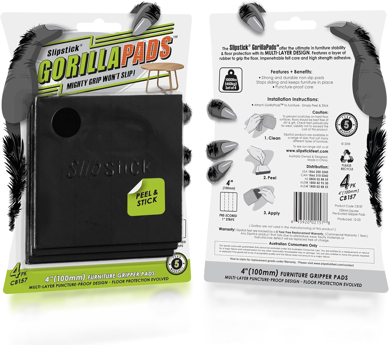 Slipstick GorillaPads CB149 Non-Slip Furniture Pads/Rubber Grippers (Set of 8) Self-Adhesive Furniture Feet Floor Protectors, 1-1/2 inch Round, Black