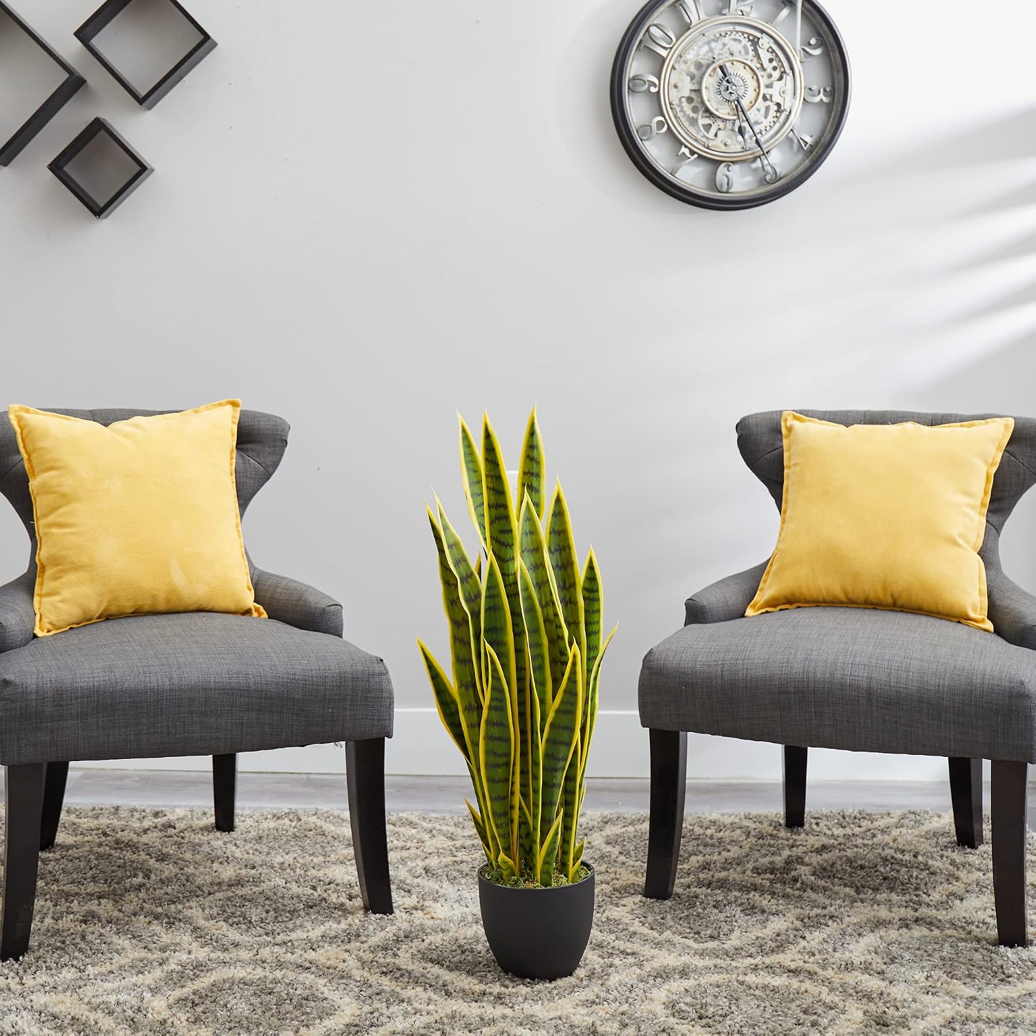 Nearly Natural 33” Sansevieria Artificial Silk Plants Green | 35 Variegated Leaves, Handcrafted Materials, Black Decorative Planter