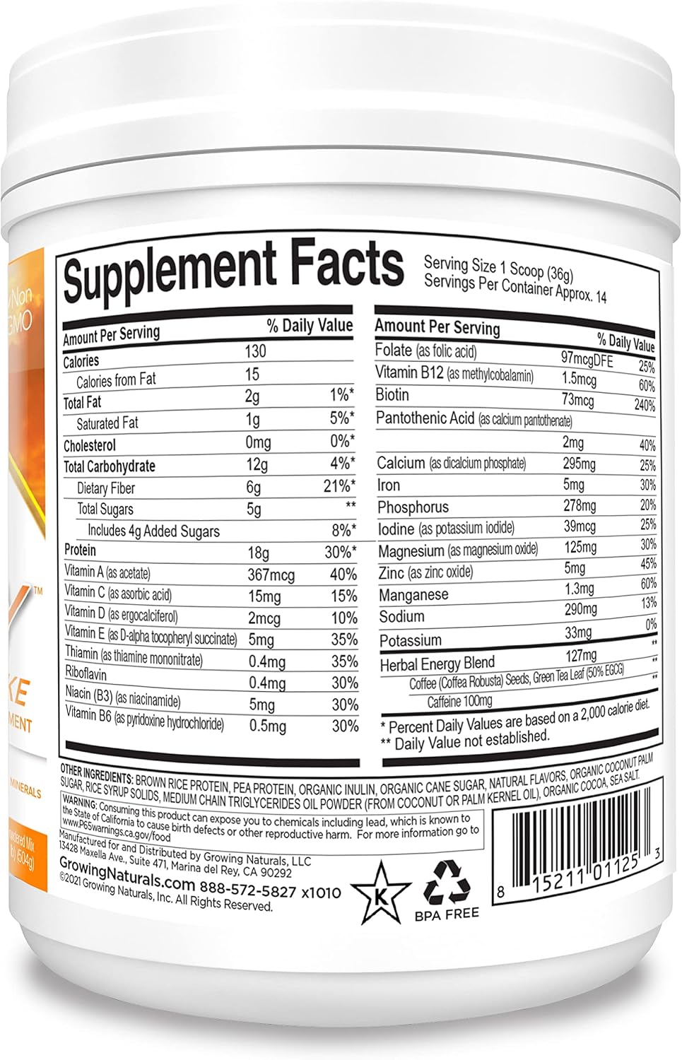 Growing Naturals Organic Rice Protein Powder - 15g Plant Protein, 2.8G BCAA - Low-Carb, Low-Sugar, Non-GMO - Vanilla Blast, 2 Pound (Pack of 1)