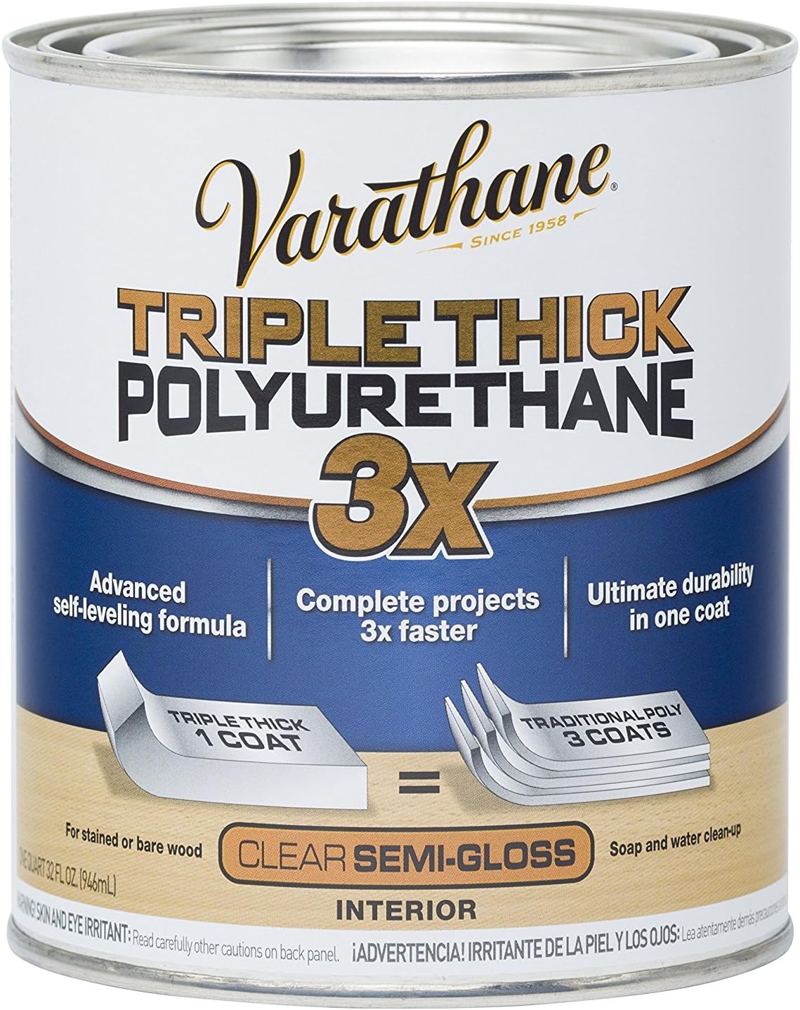Varathane Triple Thick Polyurethane Gloss Wood Finish | One Coat Protection, Self-Leveling Formula, Scratch And Stain Resistance, Crystal Clear Finish, Quart