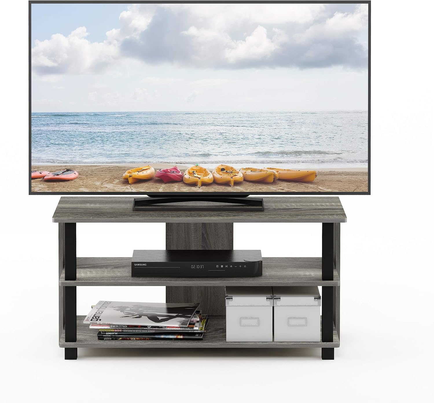Furinno Beginning TV Stand, 2-Tier Rectangular Entertainment Center with Shelf, TV Console for TV up to 36 Inch, Open Back, for Living Room, Bedroom, French Oak