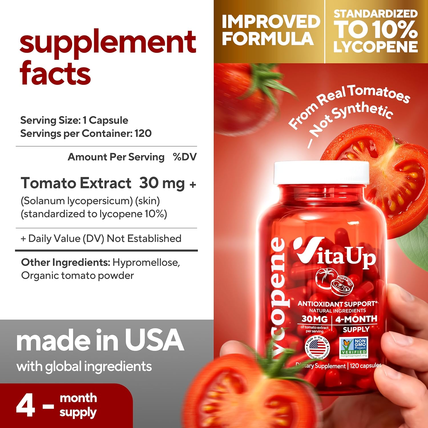VitaUp Lycopene Supplements for Men – USA Made Prostate Supplements for Men with Natural Tomato Extract – Non-GMO Lycopene Supplement for Normal
