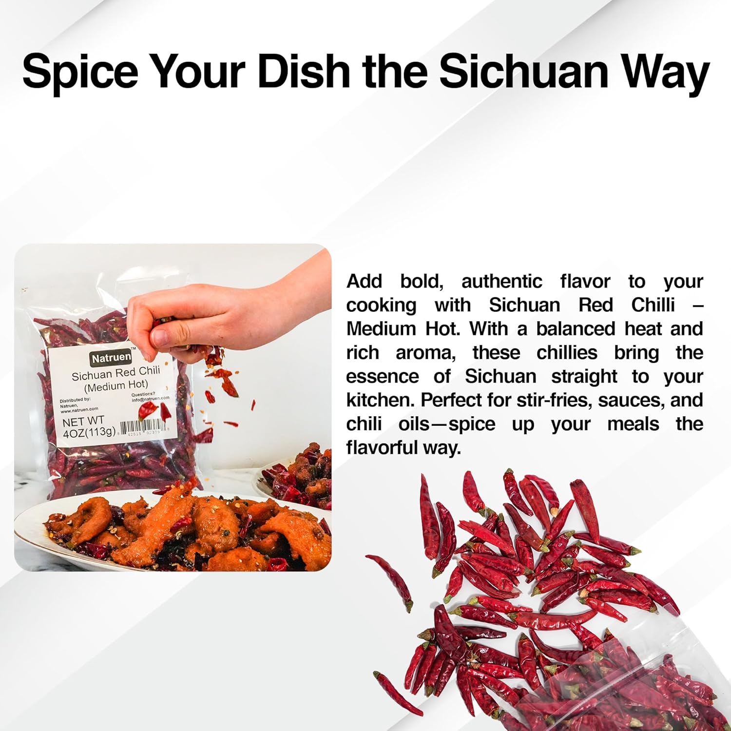 Natruen Dried Sichuan Red Chili Pods 4 oz, Medium Hot, Whole Chilies