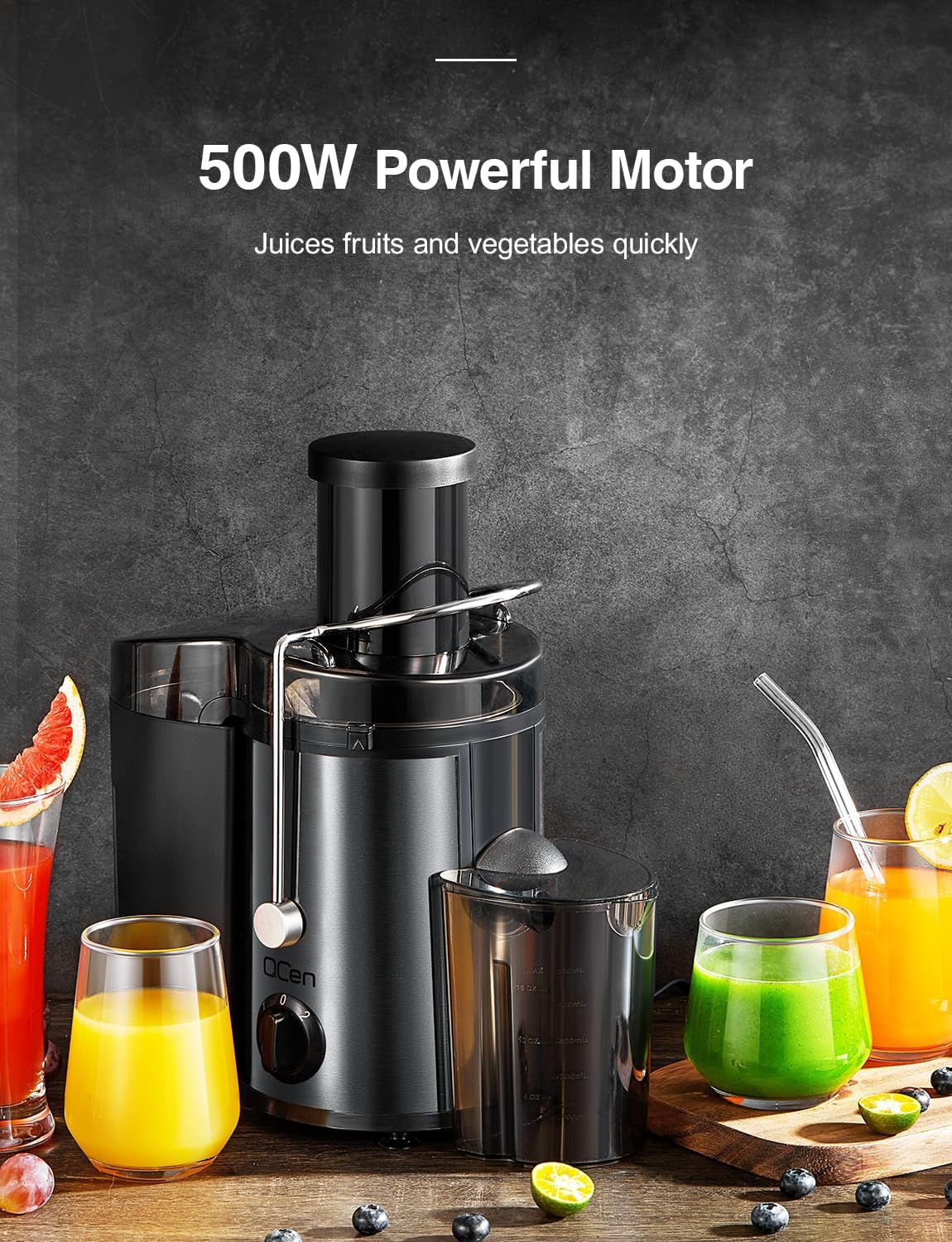 QCen Juicer Machine 500W Centrifugal Juicer with Extra Wide Feed Chute