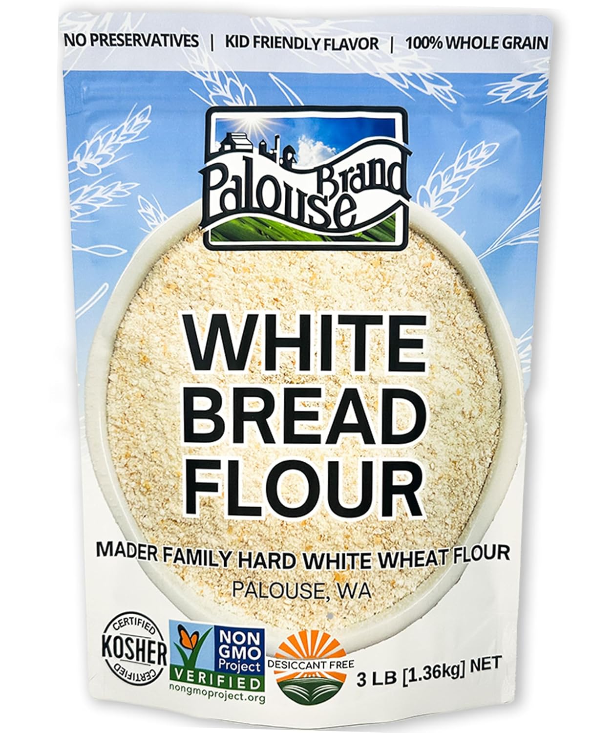 Palouse Brand Certified Glyphosate Residue Free Bread Flour | 3 LBS | Whole Grain | Stone Ground | Non-GMO | 100% Non-Irradiated | Kosher | USA Grown | Field Traced | Resealable Bag