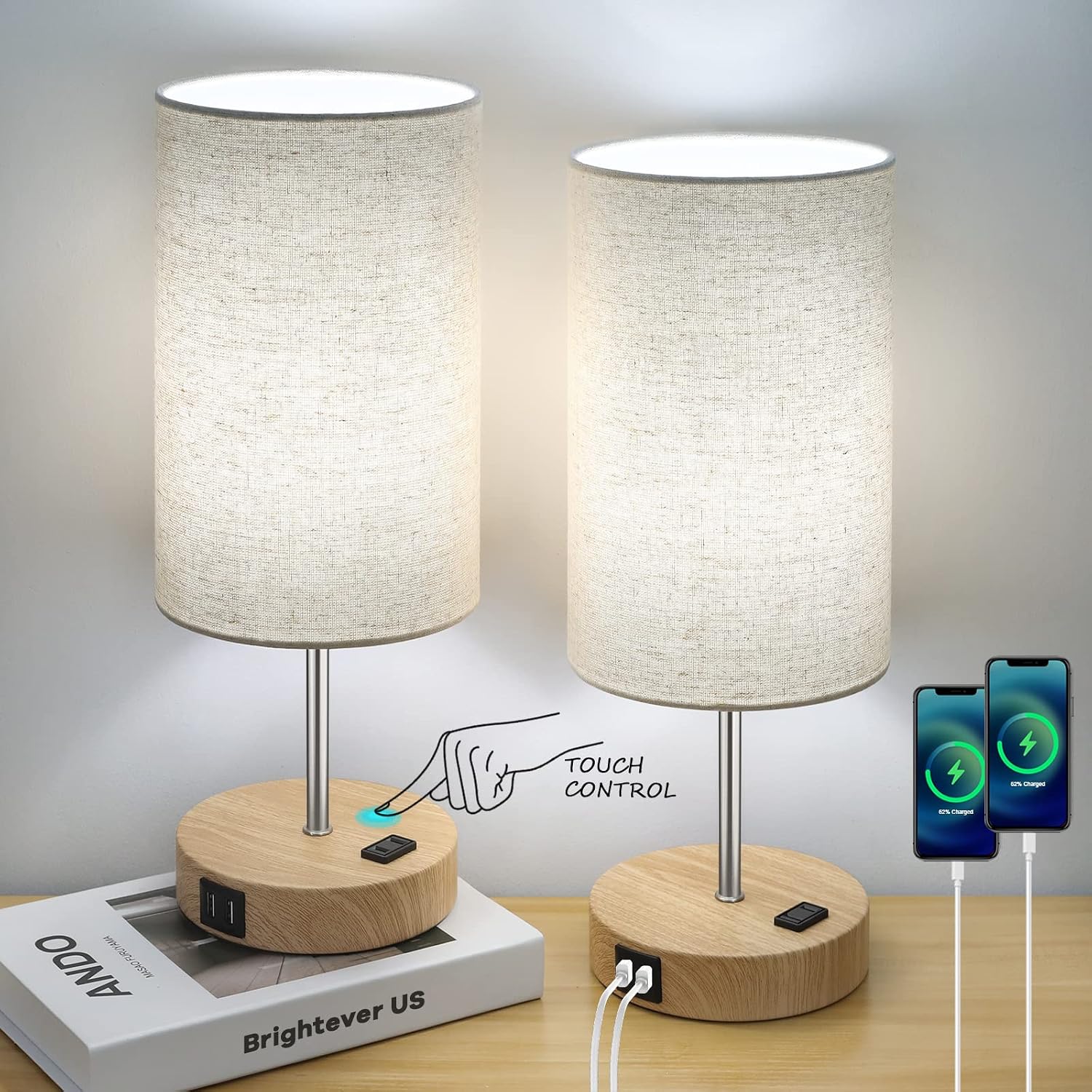 Set of 2 Touch Control Table Lamps with 2 USB Charging Ports&AC Outlet
