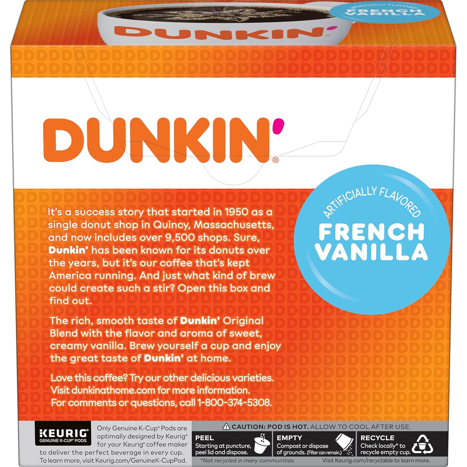 Dunkin’ French Vanilla Artificially Flavored Coffee, 60 Keurig K-Cup Pods | 6 boxes of 10 single serve coffee pods each, Smooth & rich flavor, Made with arabica coffee, Shelf stable, SNAP EBT eligible