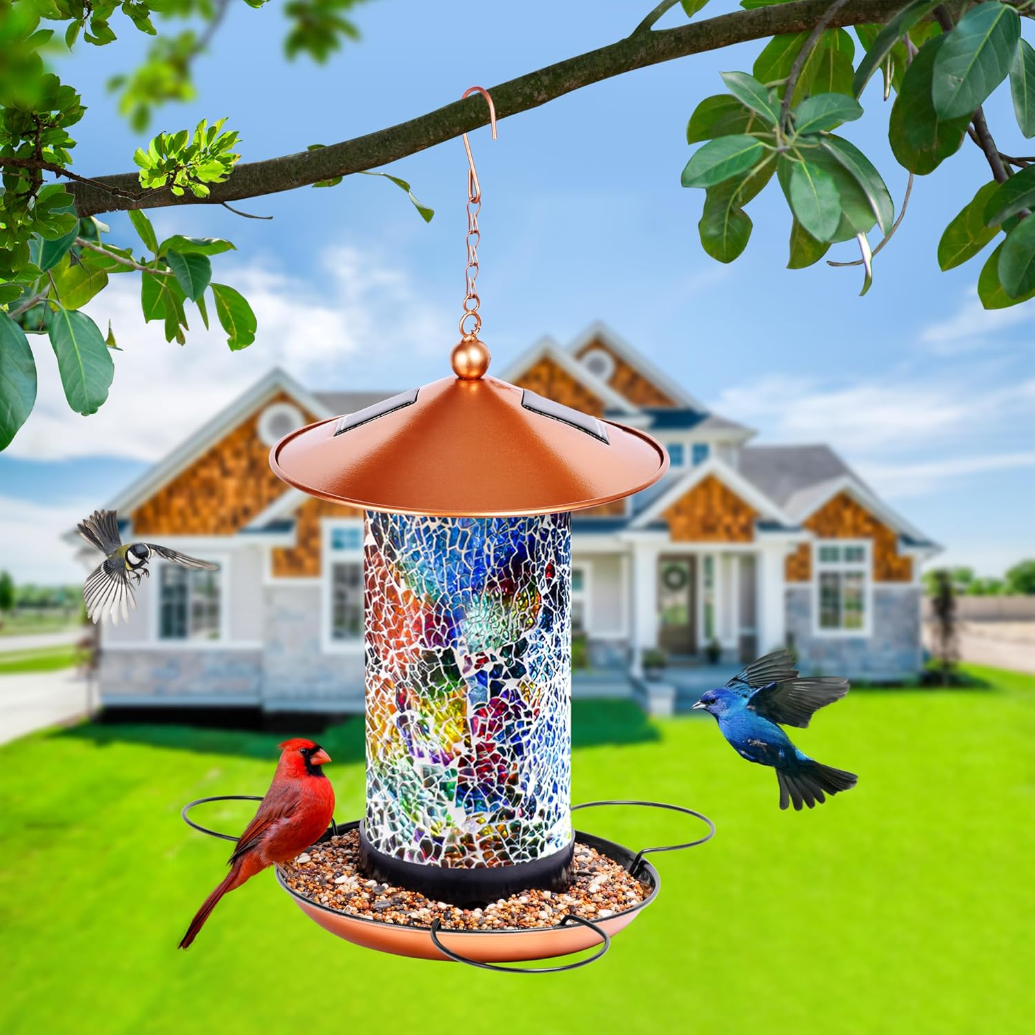 XDW-GIFTS Mosaic Solar Wild Bird Feeder, Waterproof Lantern Shape with S-Hook & 4 LED Lights, Garden Decor for Lawn, Patio, Balcony, Yard Ornament - Unique Gifts for Mom, Women, Grandma, Bird Lovers