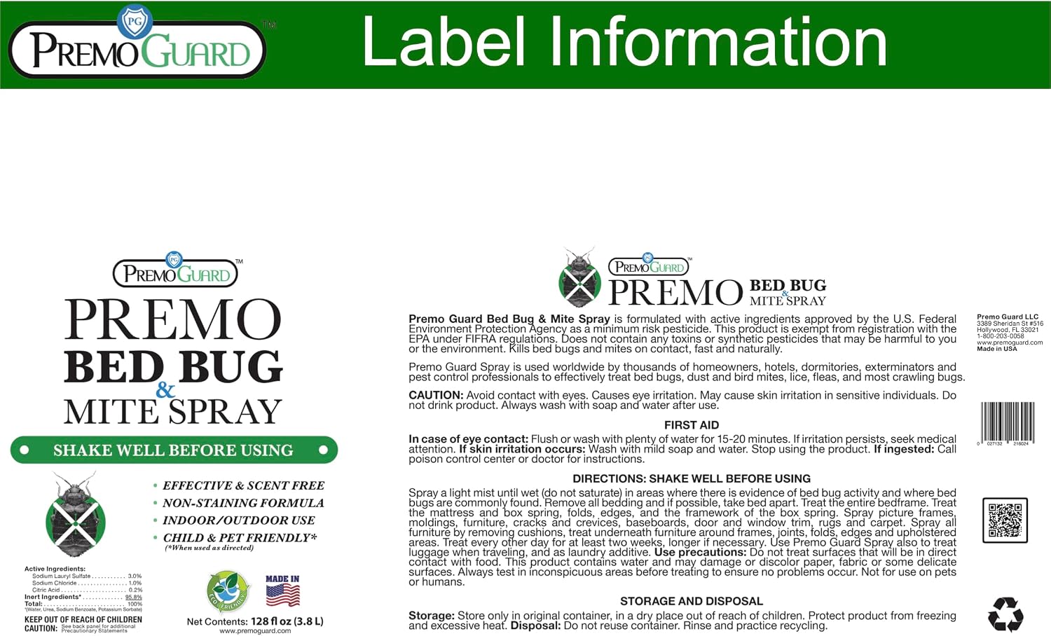 Premo Guard Bed Bug & Mite Killer Spray – University Tested 100% Kill Rate | Natural, Safe for Bedding, Furniture, Fabrics, and Clothing, Non Toxic, Stain & Scent Free, Child & Pet Safe