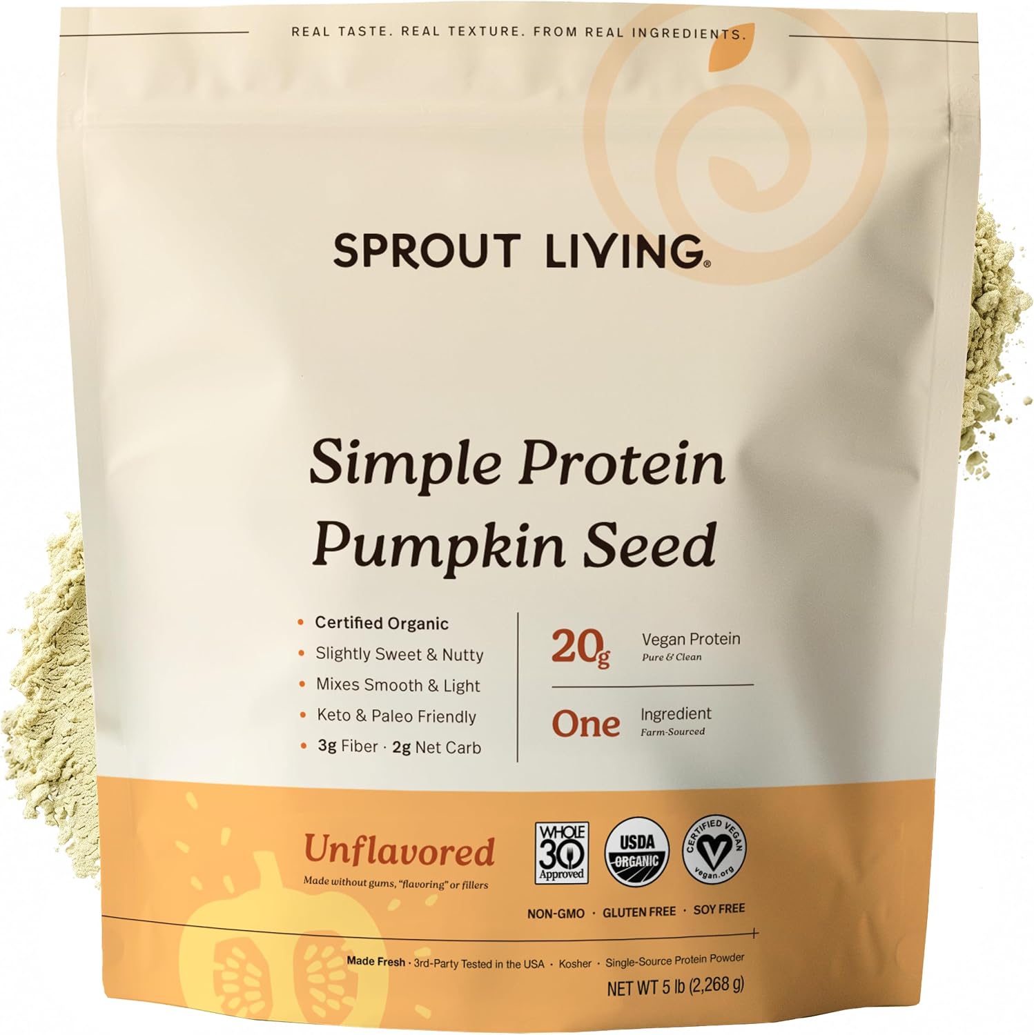 Sprout Living Organic Pumpkin Seed Protein Powder, Unflavored, 20 Grams of Plant Based Protein Powder Without Artificial Sweeteners, Non Dairy, Non-GMO, Vegan, Gluten Free (1 Pound, 14 Servings)