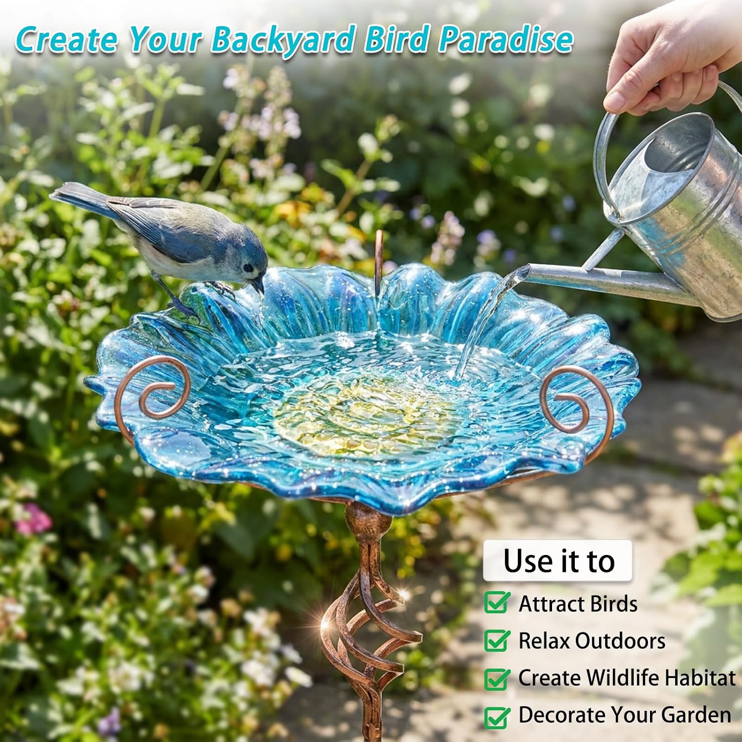 MUMTOP Bird Bath Outdoor, Glass Birdbath Bowl with Stake Garde Decor, Blue