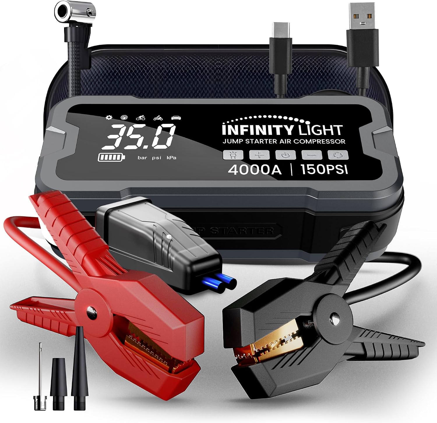 4000A Jump Starter 150 PSI Air Compressor Tire Inflator Cordless Air Pump, 12V Portable Car Battery Booster, LED Display, 12000mAh Power Bank