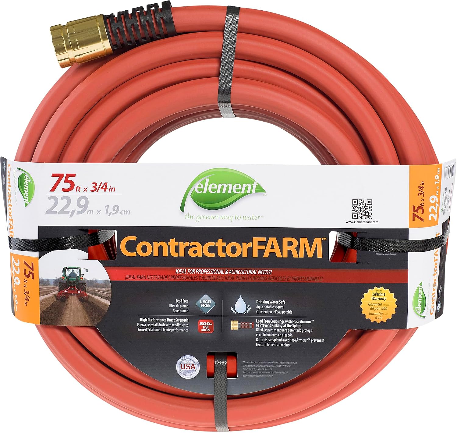 Element ContractorFARM Heavy Duty Watering Hose, 100' Length, 3/4" Diameter, 400+ PSI, Red