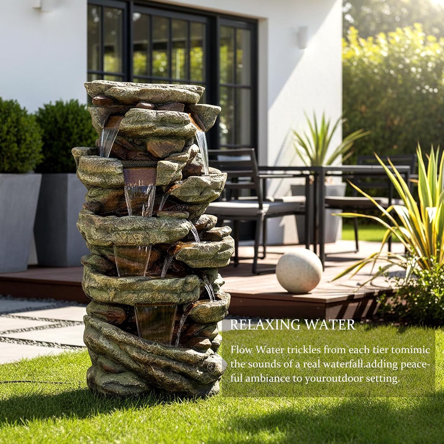 SunJet 40.5” High Rocks Outdoor Water Fountain - 6-Tiers Cascading Waterfall with LED Lights, Soothing Tranquility for Home Garden, Yard Decor