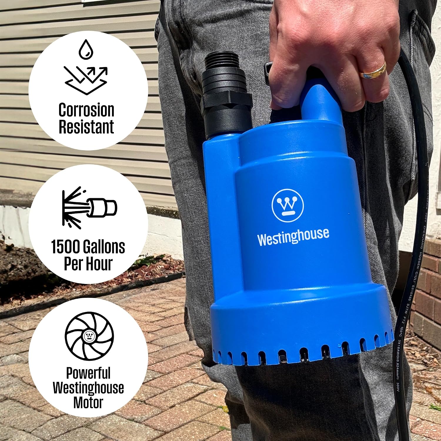 Westinghouse Sump Pump 1/4 HP 25 GPM Submersible Water Pump Thermoplastic Portable Utility Pump High Flow Water Removal for Swimming Pool Garden