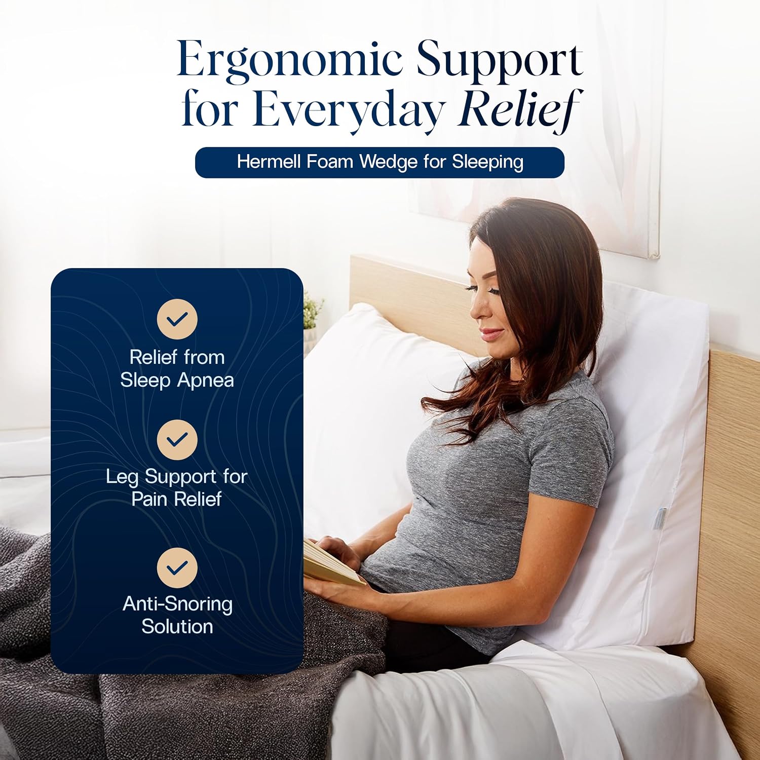 Hermell Bed Wedge Pillow – Supportive Elevated Cushion for Back Pain Relief, Spinal Alignment, Snoring