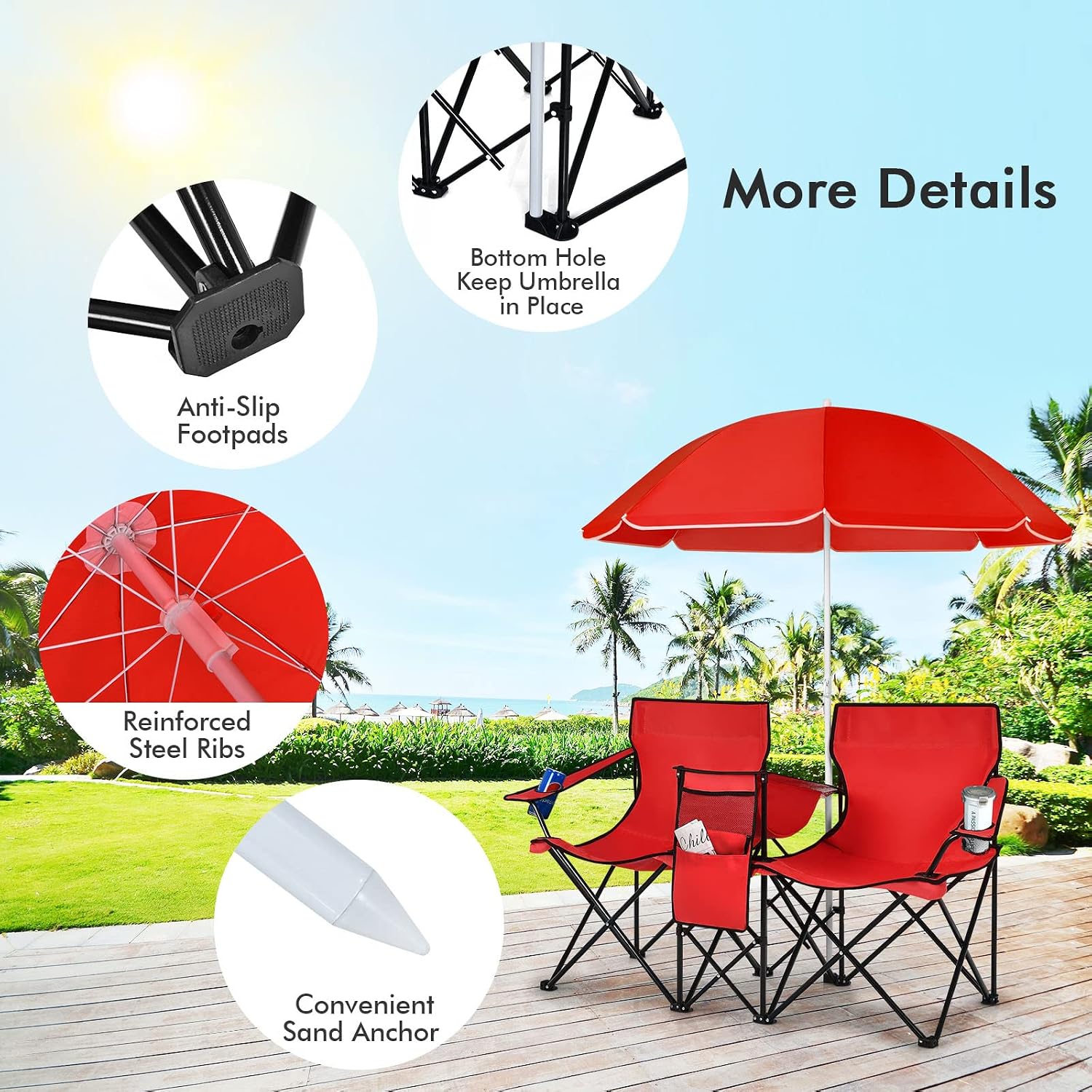 COSTWAY Double Portable Picnic Chairs, Folding Camping Chairs w/Detachable Umbrella, Cooler Bag, Cup Holders, Patio Beach Camping Chairs for Outdoors, Blue | Detachable Umbrella, Cooler Bag, Cup Holders, Patio Beach Camping Chairs for Outdoors, Blue