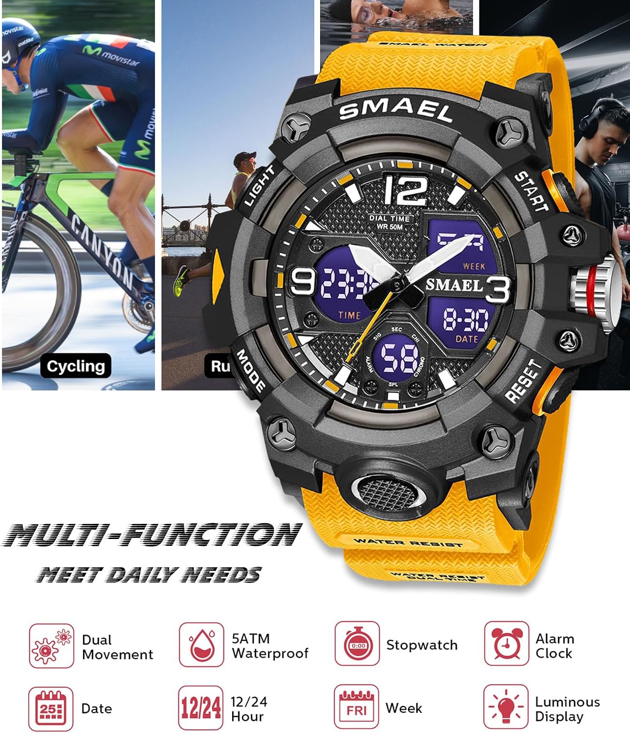 Gosasa Men's Large Face Outdoor Sports Watches Military S-Shock Watch Waterproof, Backlight, Alarm, Stopwatch Features - Rugged Wristwatch for Training, Hiking, and Adventure