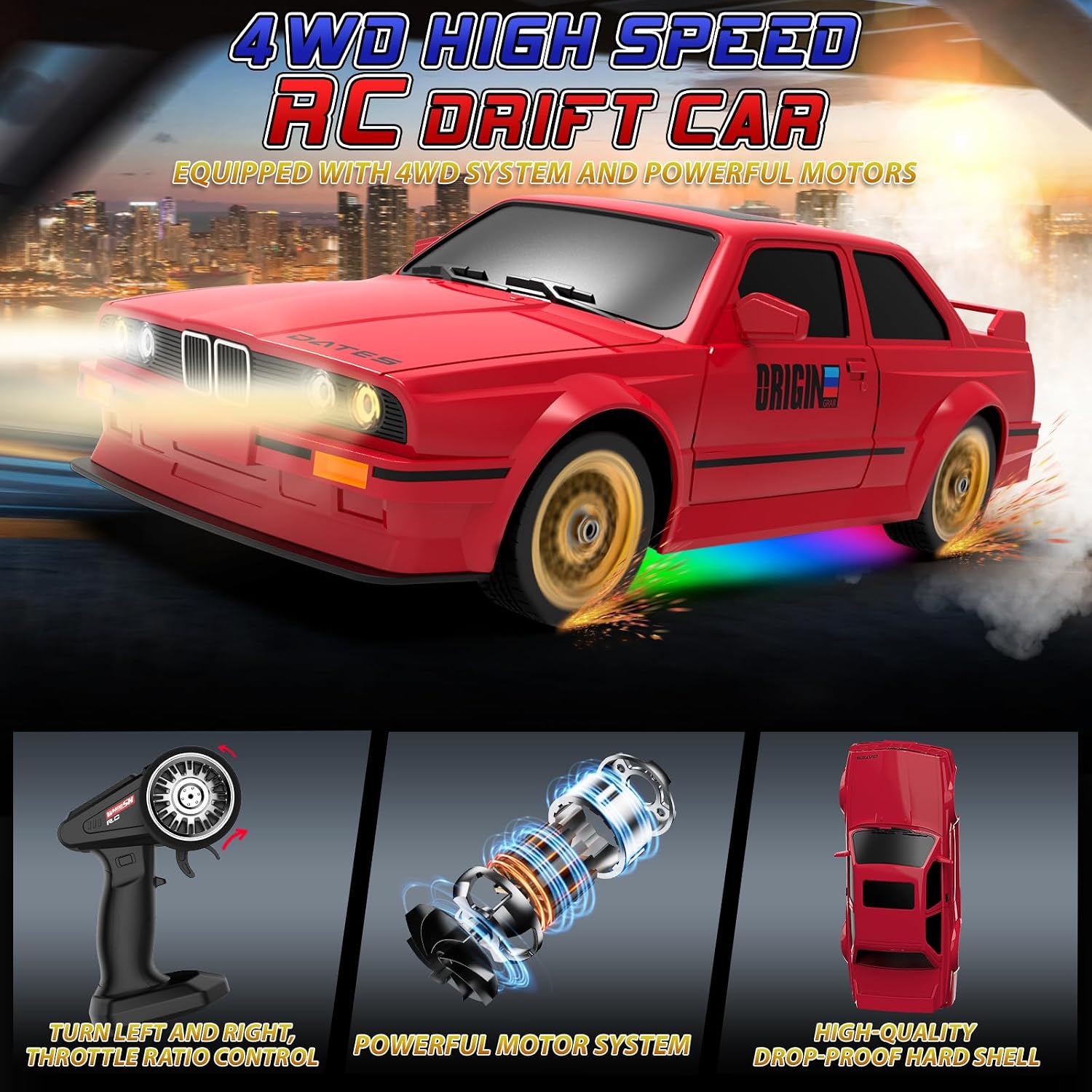 Remote Control Cars 1:16 Scale RC Drift Car 2.4Ghz 30KM/H High Speed 4WD RTR Racing Car with Drift Tires LED Lights 2PCS Rechargeable Batteries RC Sport Cars Toys for Adults Boys Girls Kids Gift