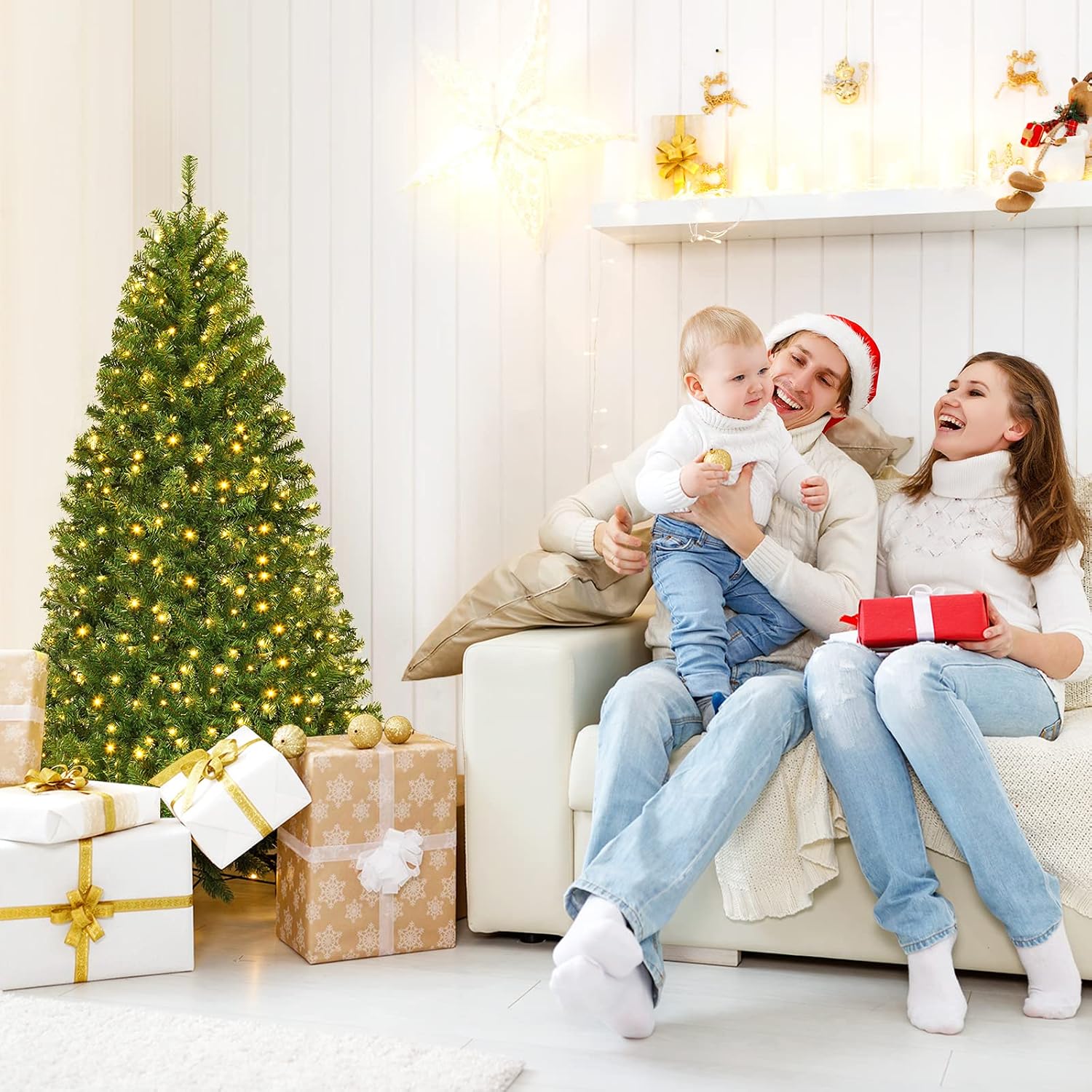 Goplus 7.5ft Pre-Lit Artificial Christmas Tree, Premium PVC Snow Flocked Hinged Pine Tree with Metal Stand and LED Lights
