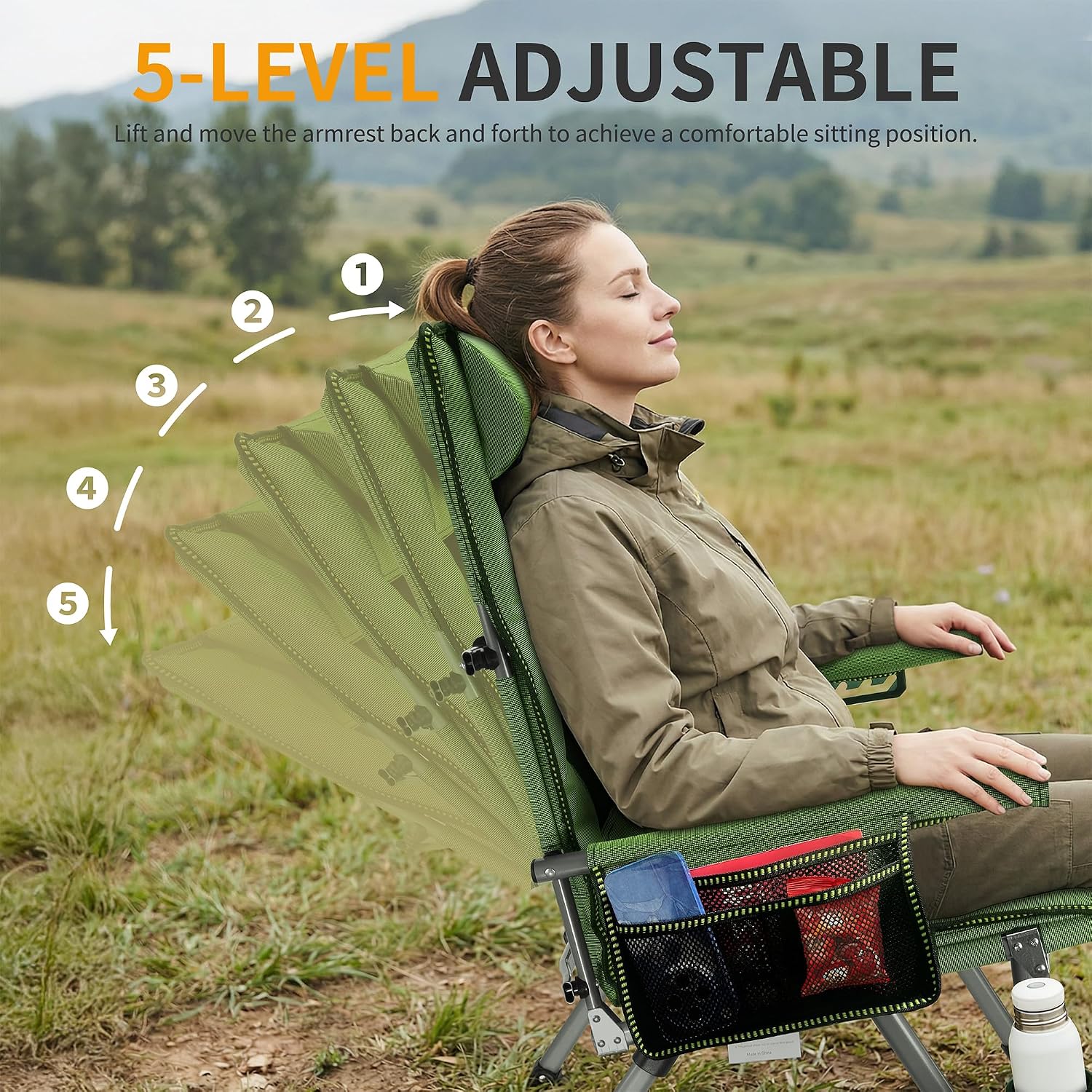 Adjustable Back Folding Camping Chair for Camp, Picnic, Lawn, Fishing | Adjustable Back; Weight Capacity 400 LBS;Hard Arm Portable Chair;Cup Holder;Storage Bag;carrying bag
