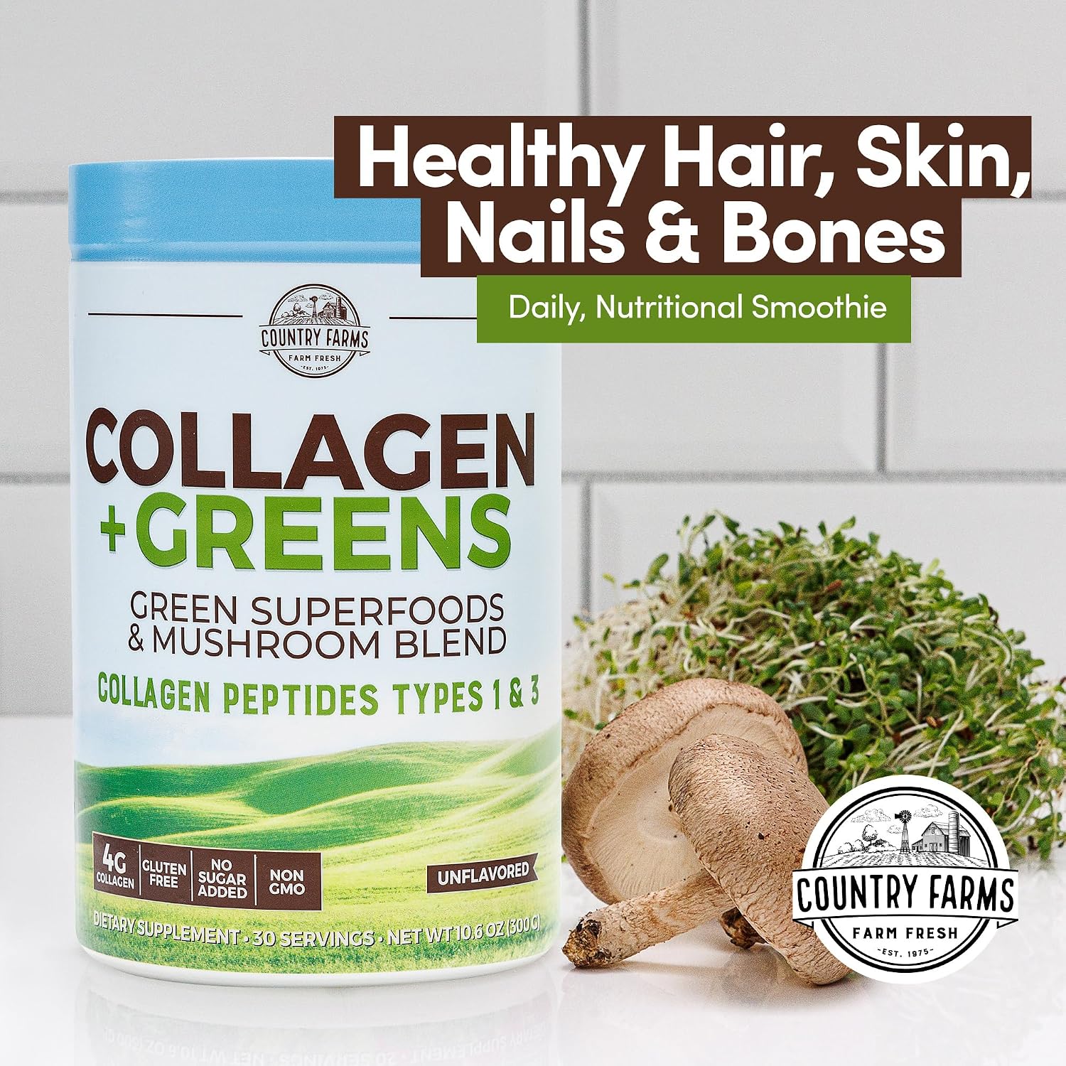 Country Farms Collagen Peptides Powder with Greens Dietary Powder Supplement (Type I, III) for Skin Hair Nail and Joints, Dairy/Sugar Free, Energizing Superfoods, Natural, 10.6 Oz 30 Servings