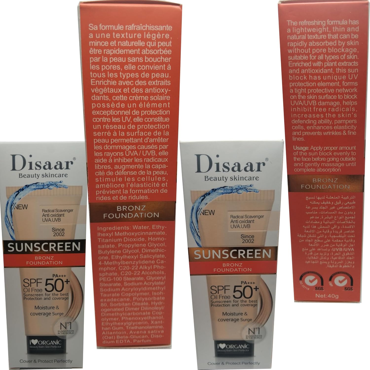 DISAAR BEAUTY Sunscreen SPF 50 PA+++ SPF 50+ Foundation Face Cream Body Skin Protection Anti-Aging Oil Control Moisturizing Care Removes Peeling 40g