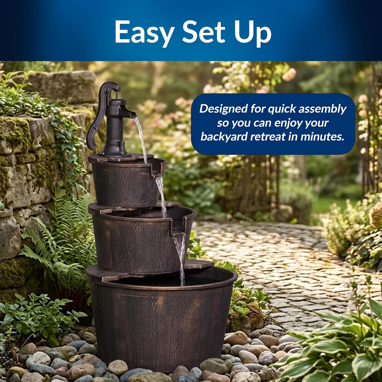 Alpine Corporation 40" Tall Outdoor Floor Tiered Rustic Pump and Barrel Water Fountain, Old-Fashioned Waterfall for Garden, Patio, Yard Decor
