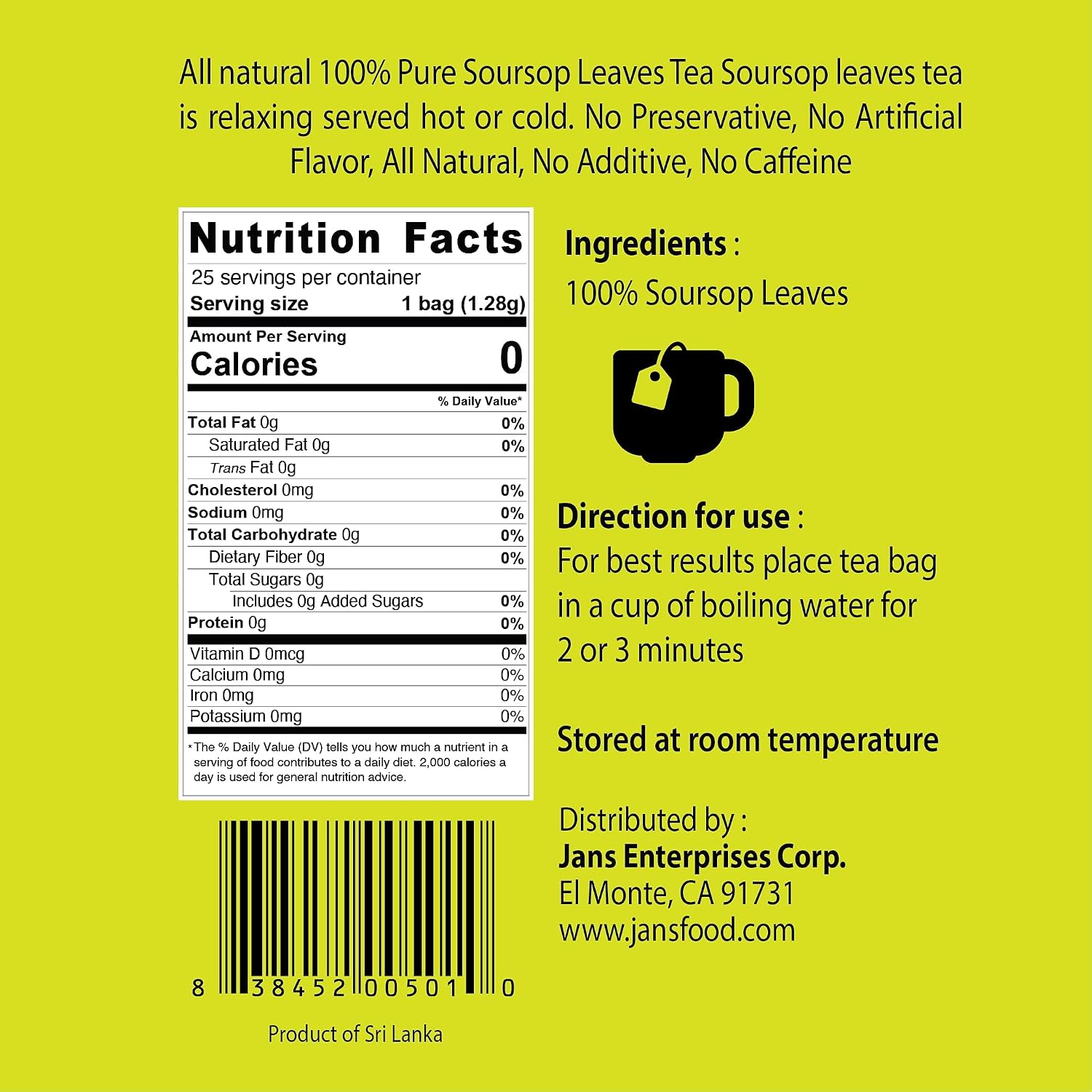 Jans Soursop Tea Bags 25 Count | 100% Natural Soursop Leaves | Caffeine Free Sour Sop Tea | Vegan Herbal Tea | Individually Wrapped Tea Bags | Cholesterol Free Sugar Free Relaxation Beverage