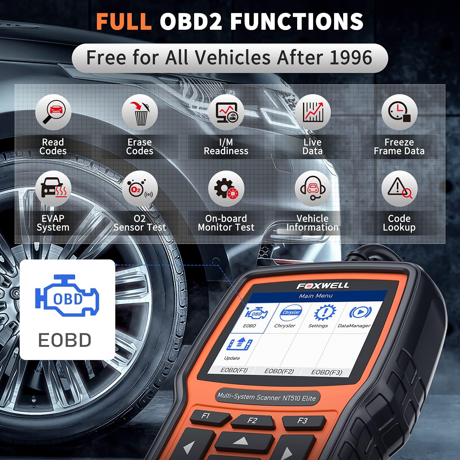 FOXWELL NT510 Elite fit for Chrysler Jeep Dodge Scan Tool, All System OBD2 Scanner Bidirectional Diagnostic Tool