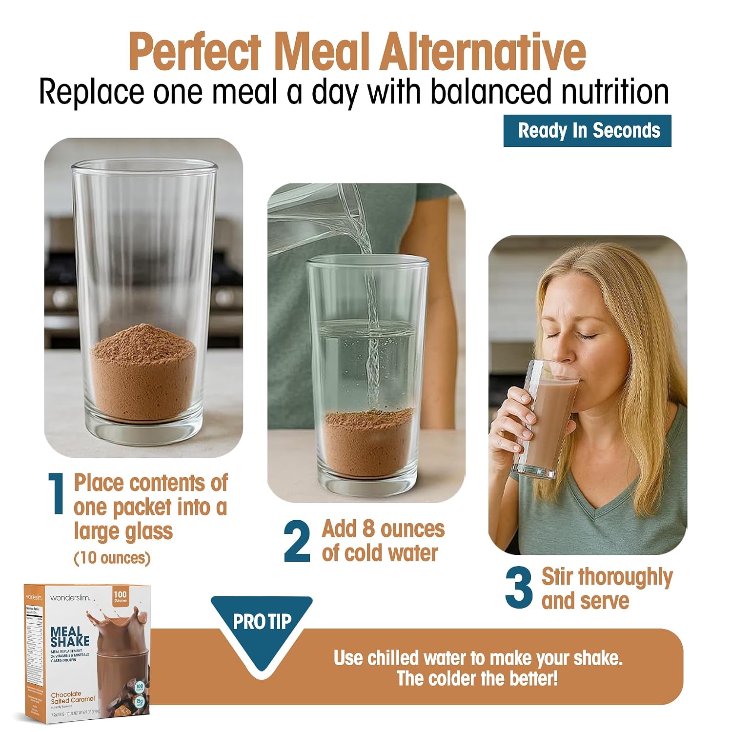 WonderSlim Protein Meal Replacement Shake – 15g Protein, 24 Vitamins & Minerals, Low Carb, Low Calorie, Gluten Free – Meal Replacement Drink for Weight Management, 7 Count Packets (Dark Cocoa Cream)