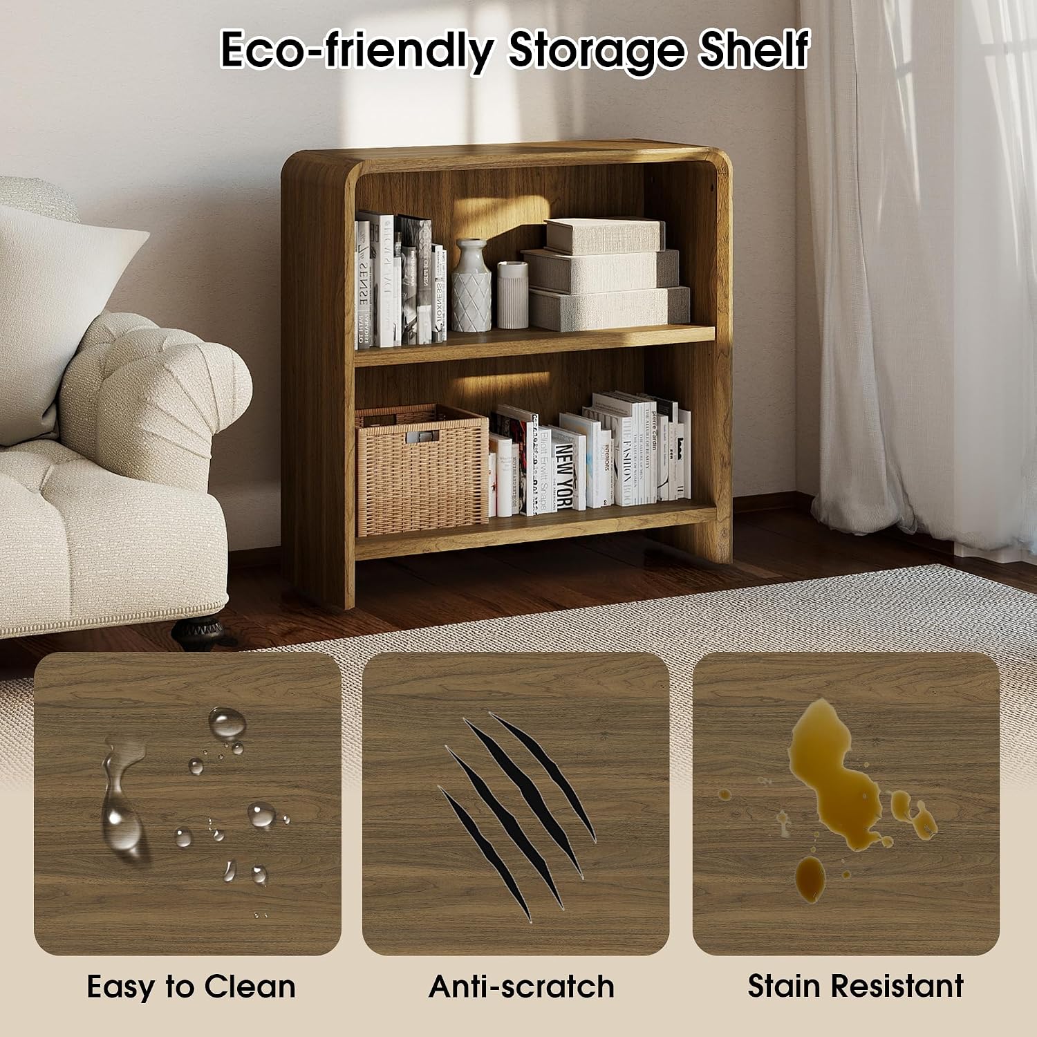 Bevfint 44" Bookcase Tall 3 Shelves Wood Bookshelf with Curved Soft Edges, Heavy Duty Storage Cabinet for Professional Home Office and Living Room, Modern Natural Oak Grain Finish