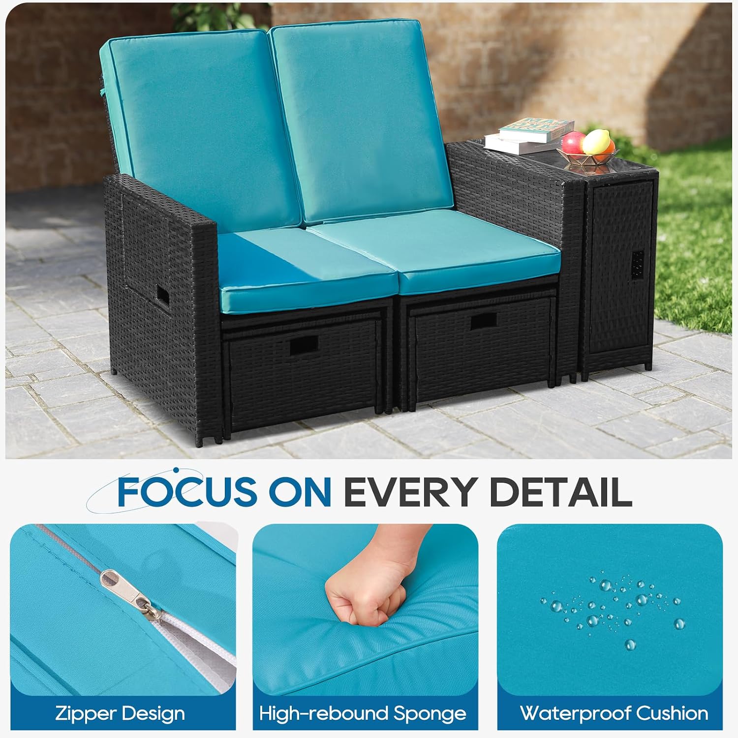 5PCS Outdoor Wicker Chaise Lounge Chair - Rattan Adjustable Reclining Patio Lounge Chair with Ottoman and Coffee Table