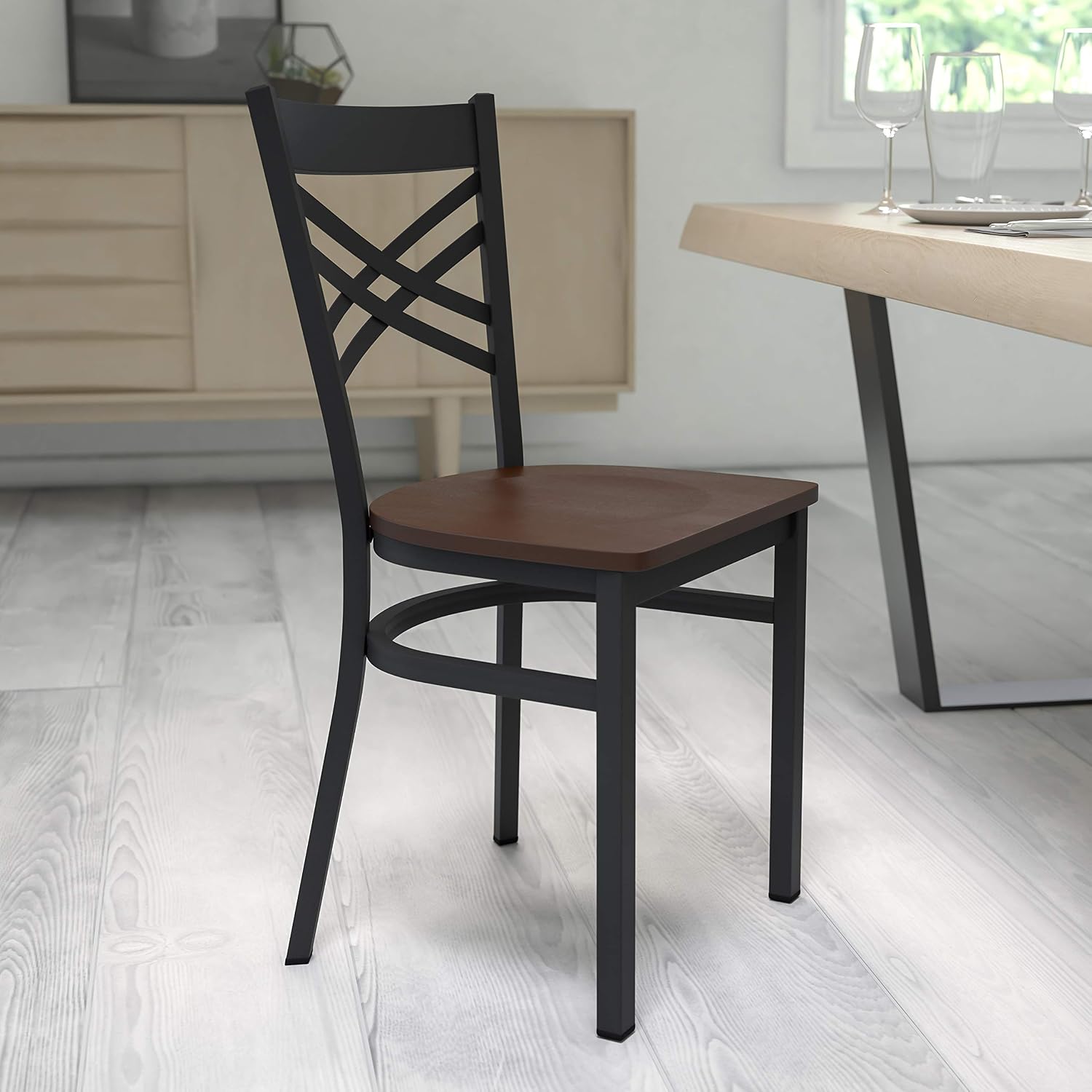 Flash Furniture Hercules Series "X" Back Metal Restaurant Chairs, Modern Upholstered Armless Dining Chairs for Restaurants/Kitchens, Set of 2, Black