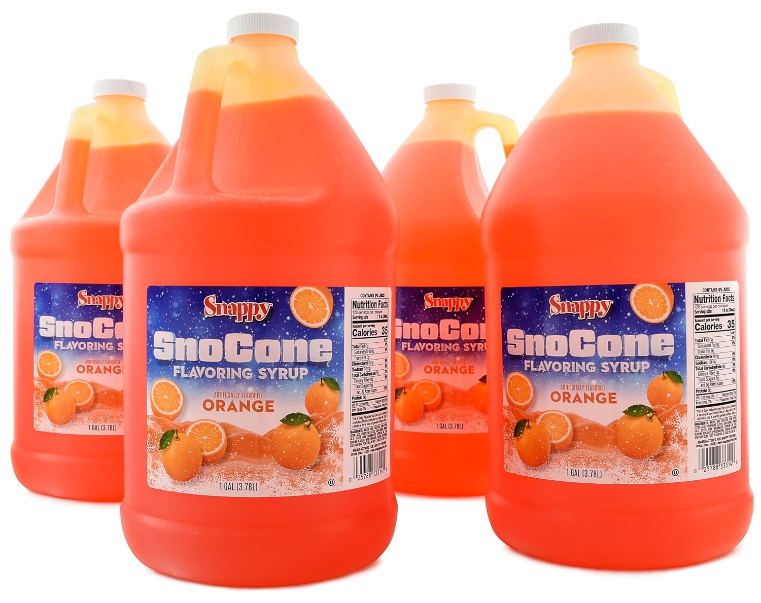 Snappy Orange Sno Cone Syrup, 1 Gallon 4 Pack, Ready to Use for Snow Cone Machines and Shaved Ice